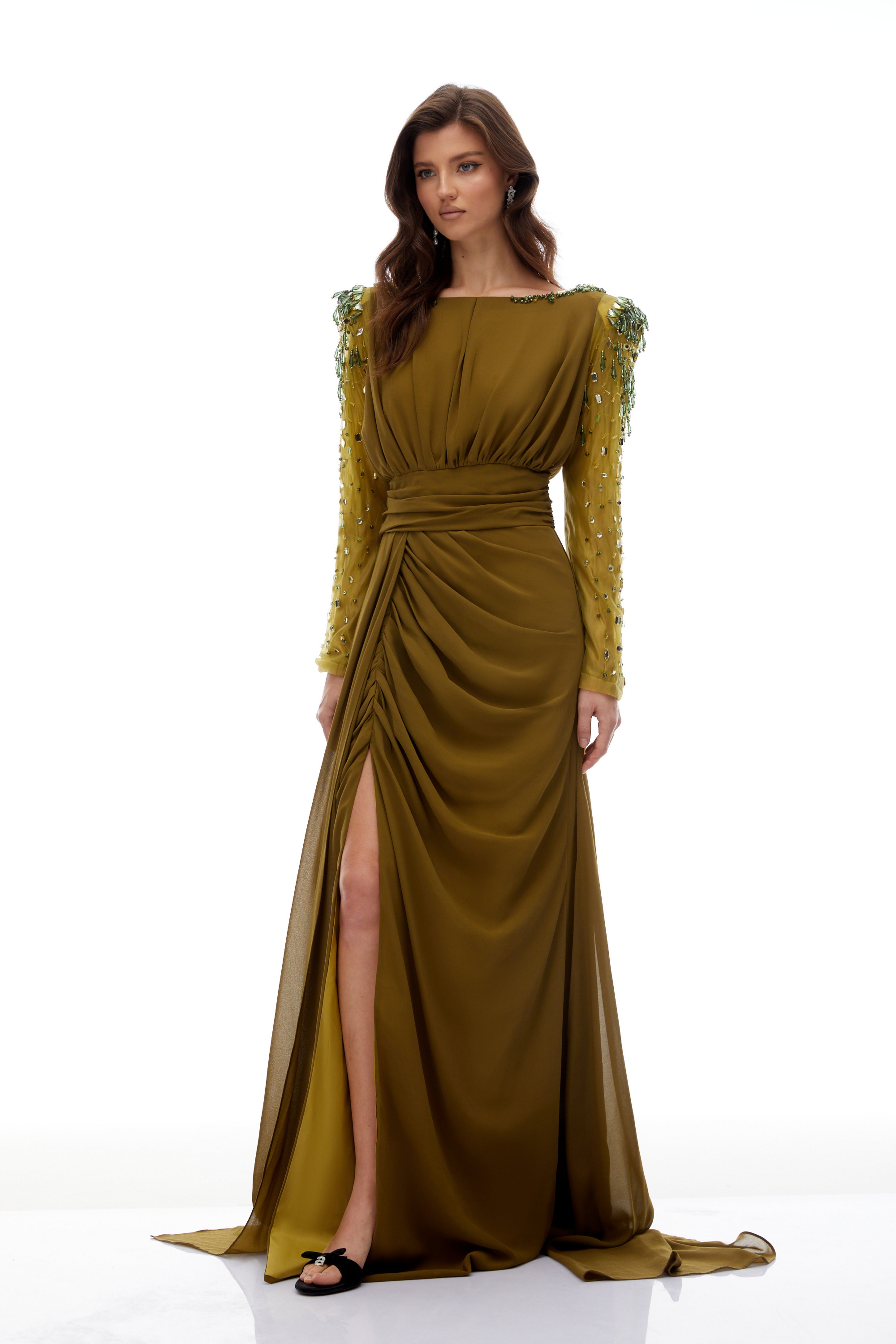 Lesley Green Embellished Draped Chiffon Maxi Gown