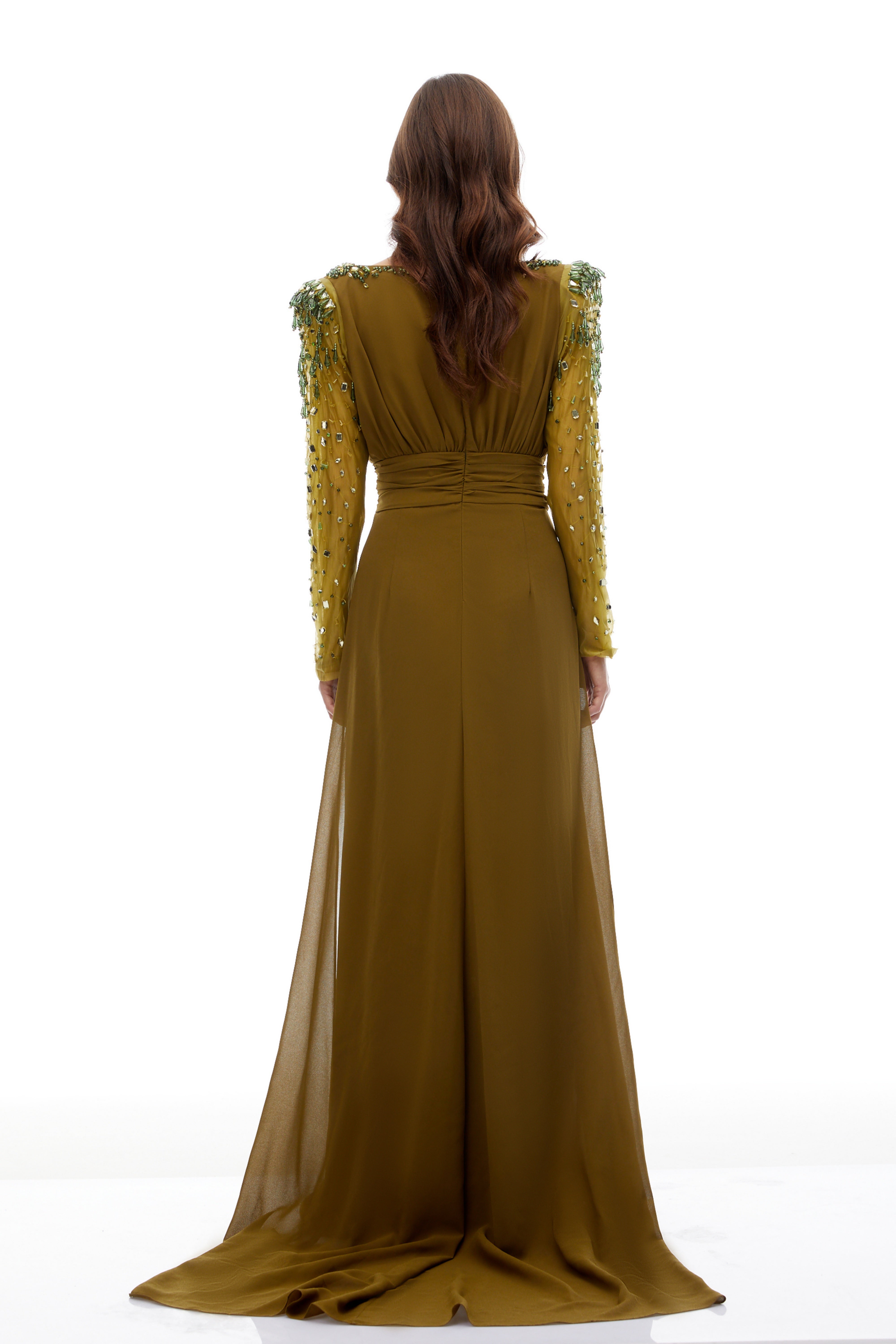 Lesley Green Embellished Draped Chiffon Maxi Gown