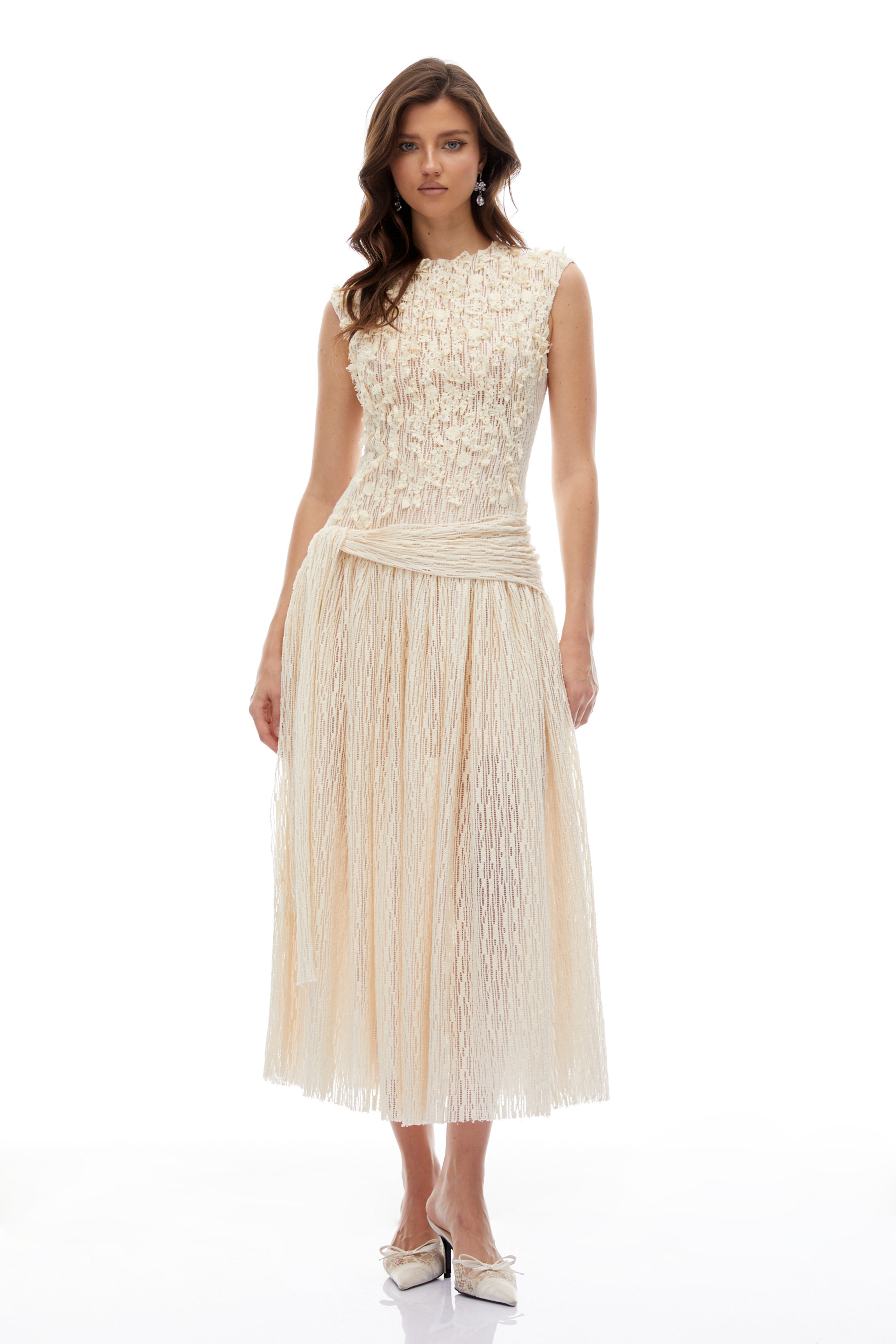 Cynthia Neutrals 3D Petal Textured Midi Dress (Final Sale-US Only)