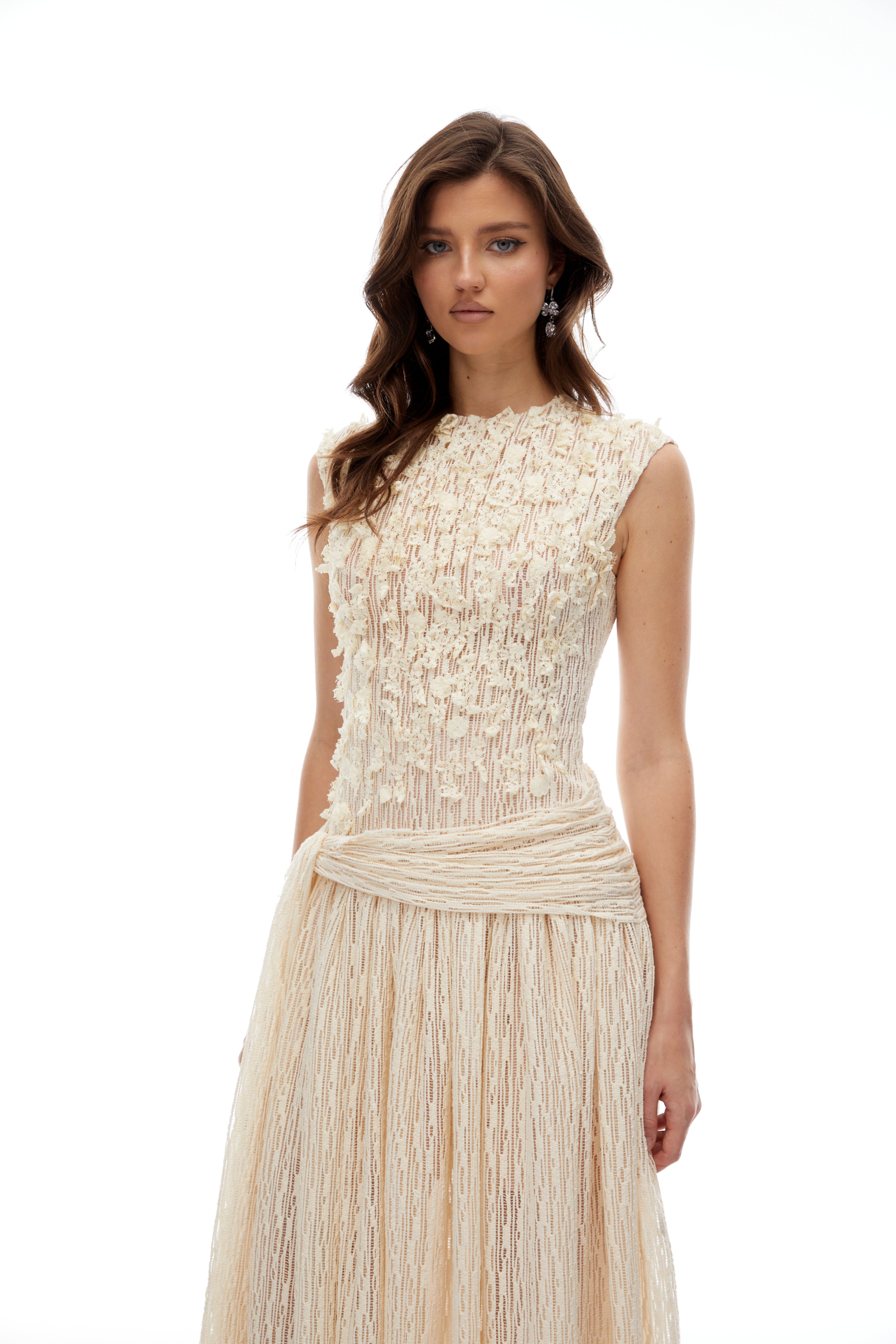 Cynthia Neutrals 3D Petal Textured Midi Dress (Final Sale-US Only)