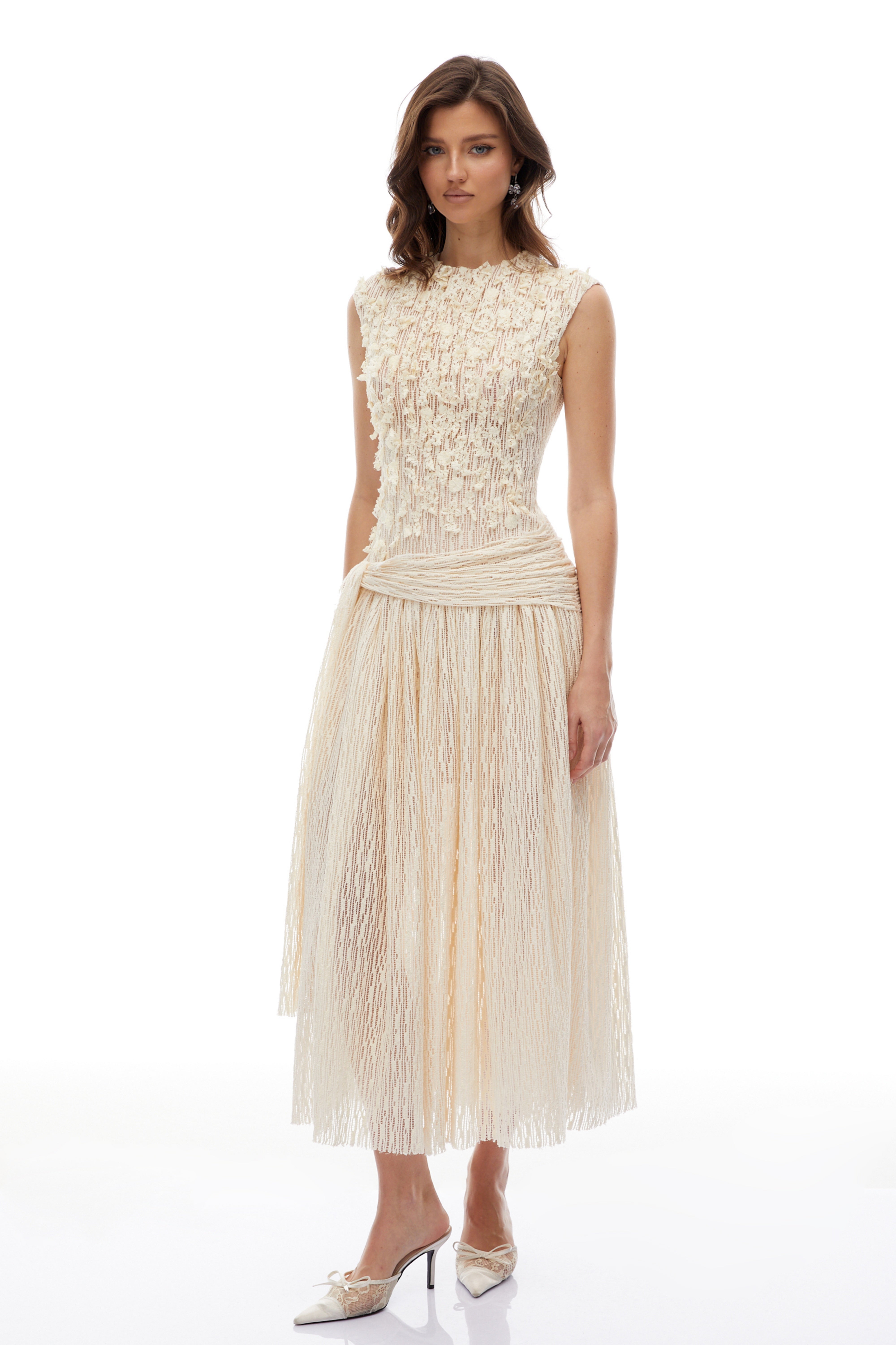 Cynthia Neutrals 3D Petal Textured Midi Dress (Final Sale-US Only)