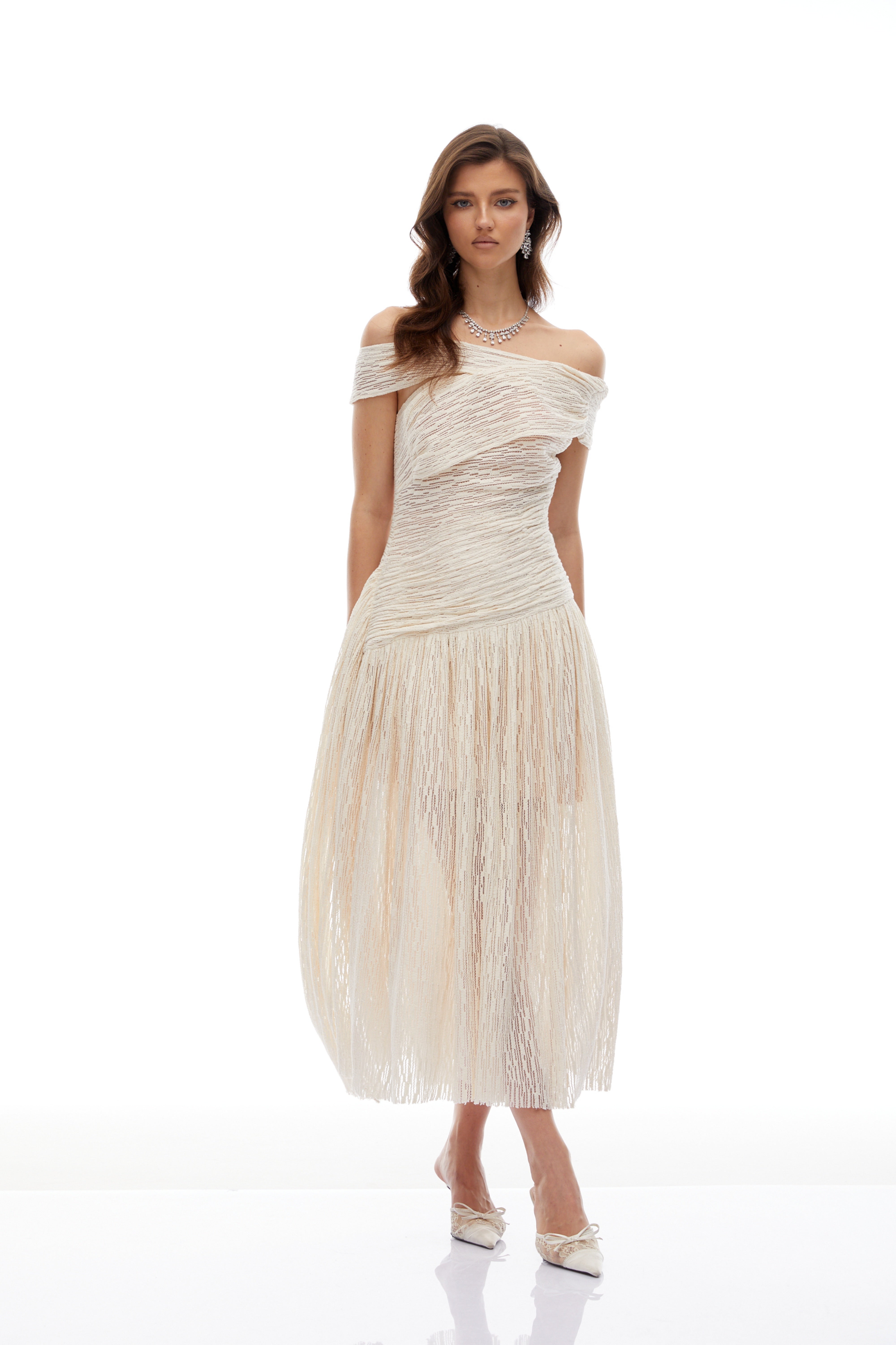 Thale Neutral Asymmetrical Textured Ruched Midi Dress (Final Sale-US Only)
