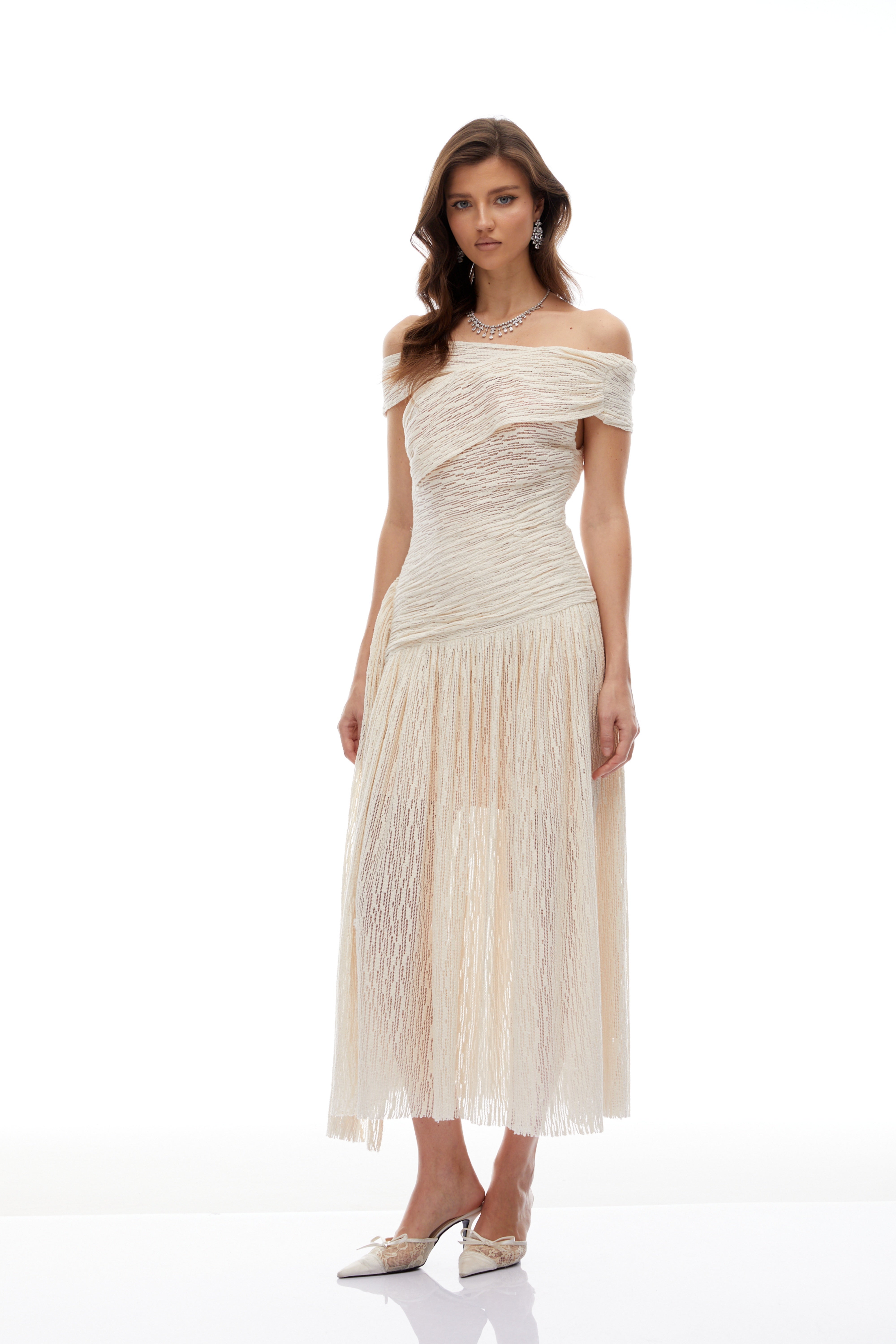 Thale Neutral Asymmetrical Textured Ruched Midi Dress (Final Sale-US Only)