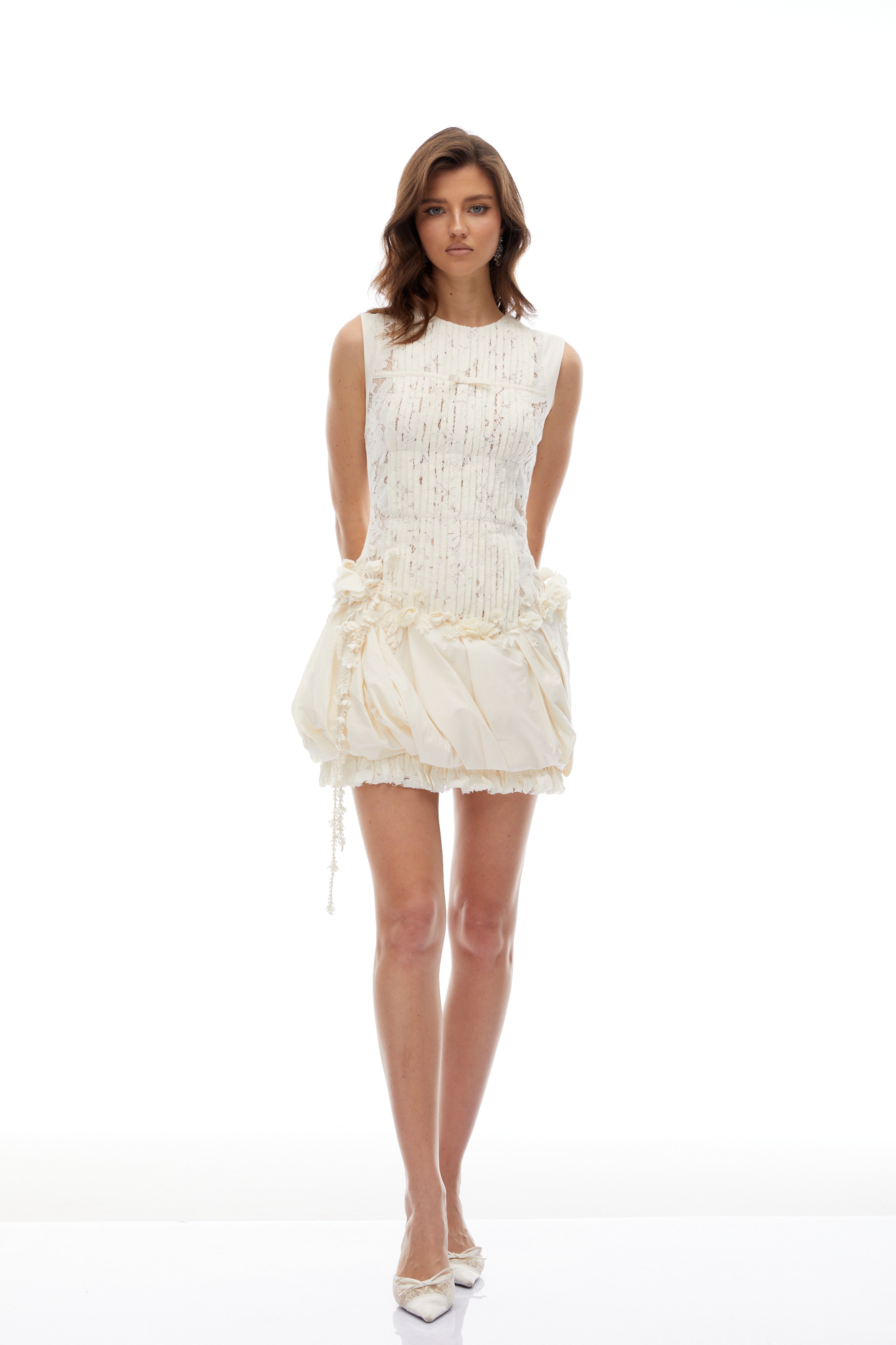 Svein Neutral Pleated Floral Lace Mini Dress
