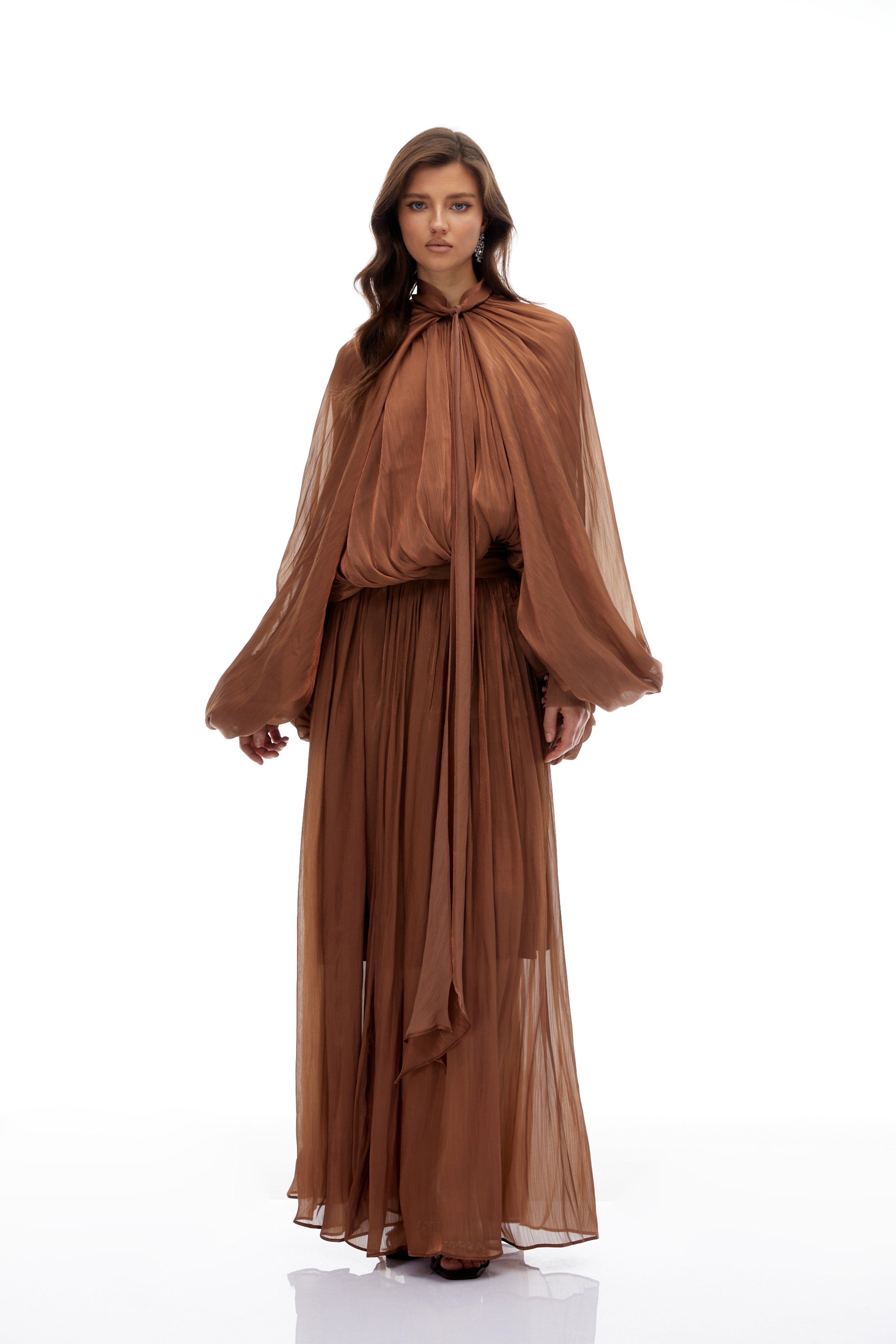 Mila Brown Pleated Satin Maxi Dress (Final Sale-US Only)