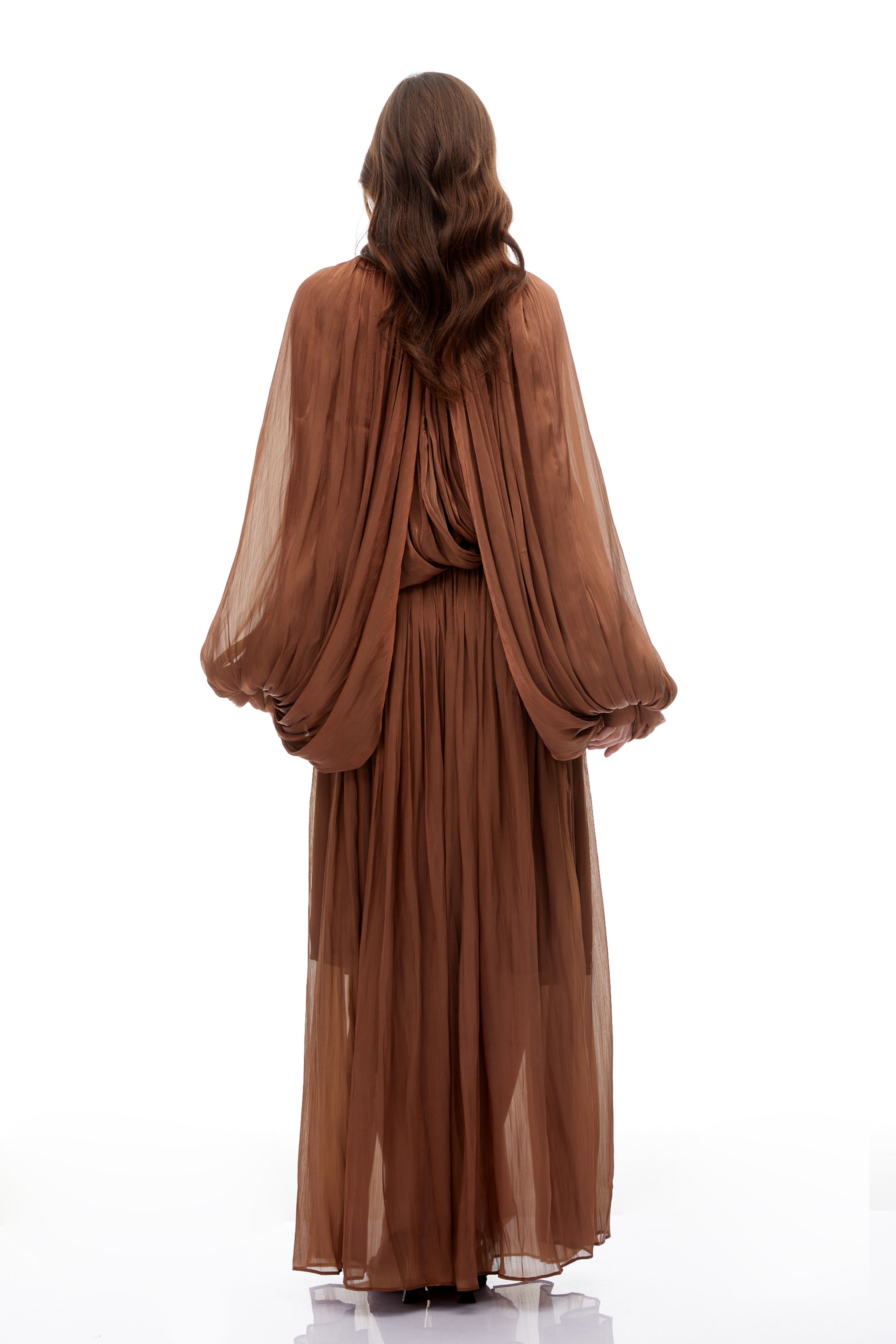 Mila Brown Pleated Satin Maxi Dress