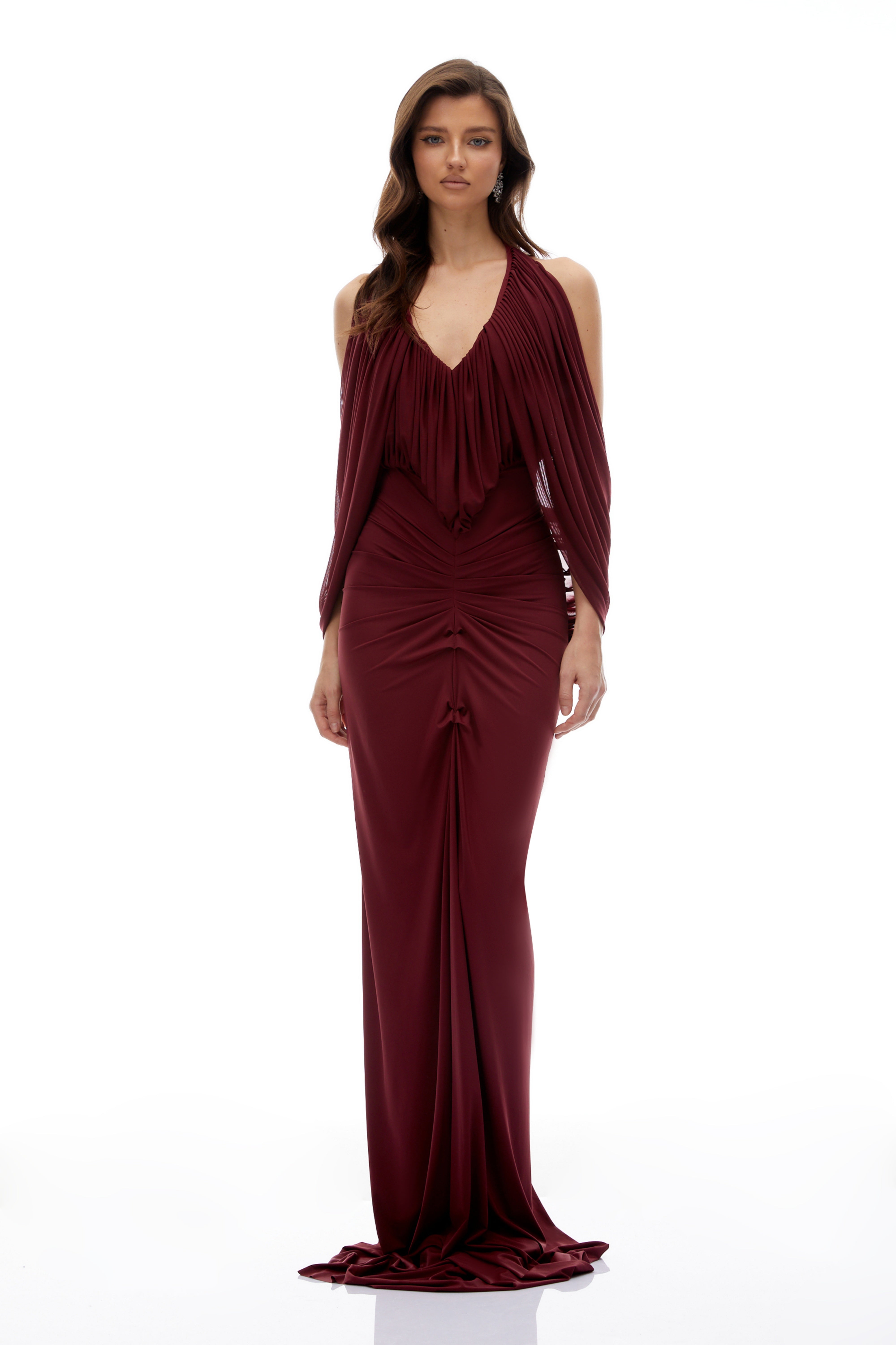 Eléa Red Cold Shoulder Draped Maxi Dress