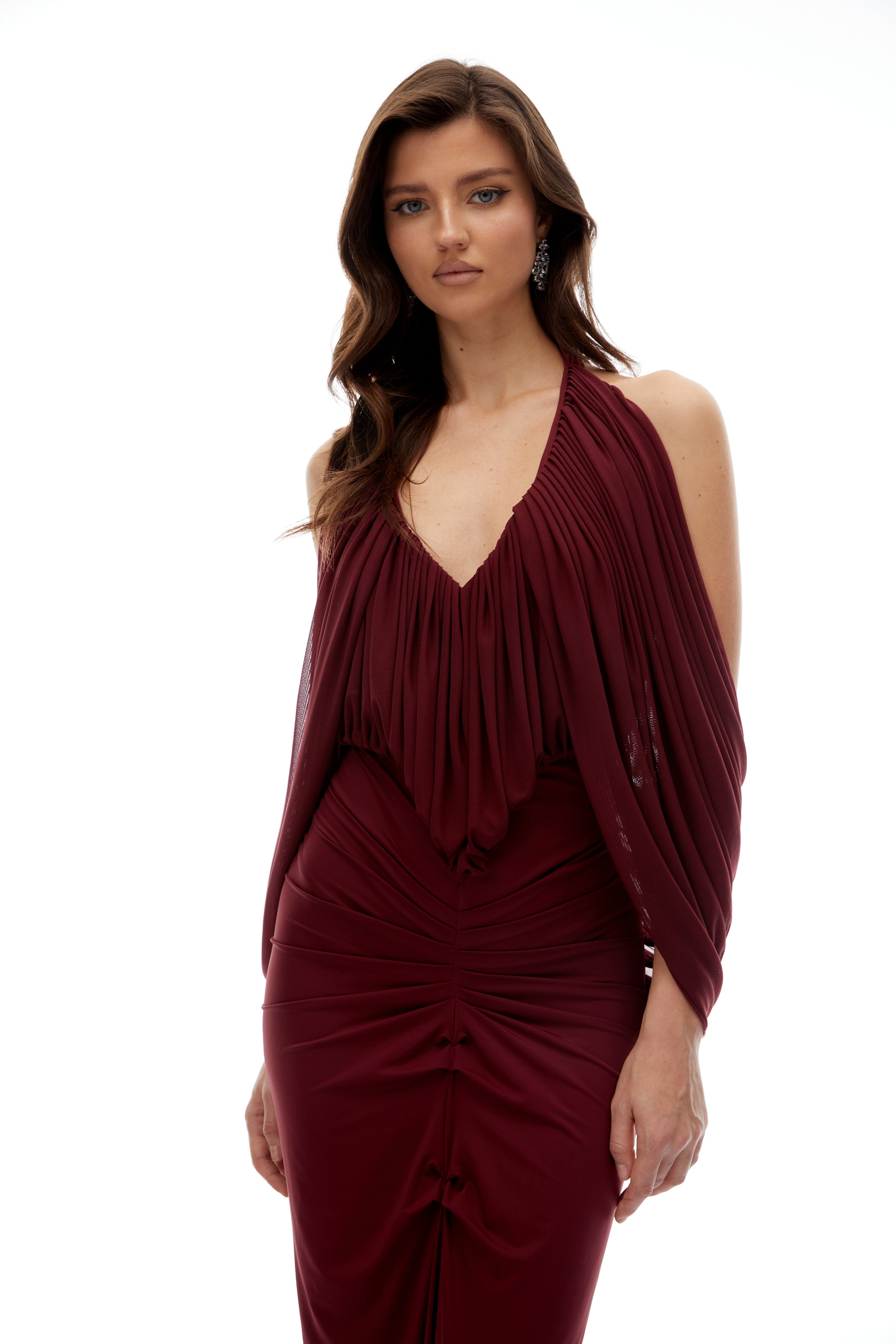 Eléa Red Cold Shoulder Draped Maxi Dress