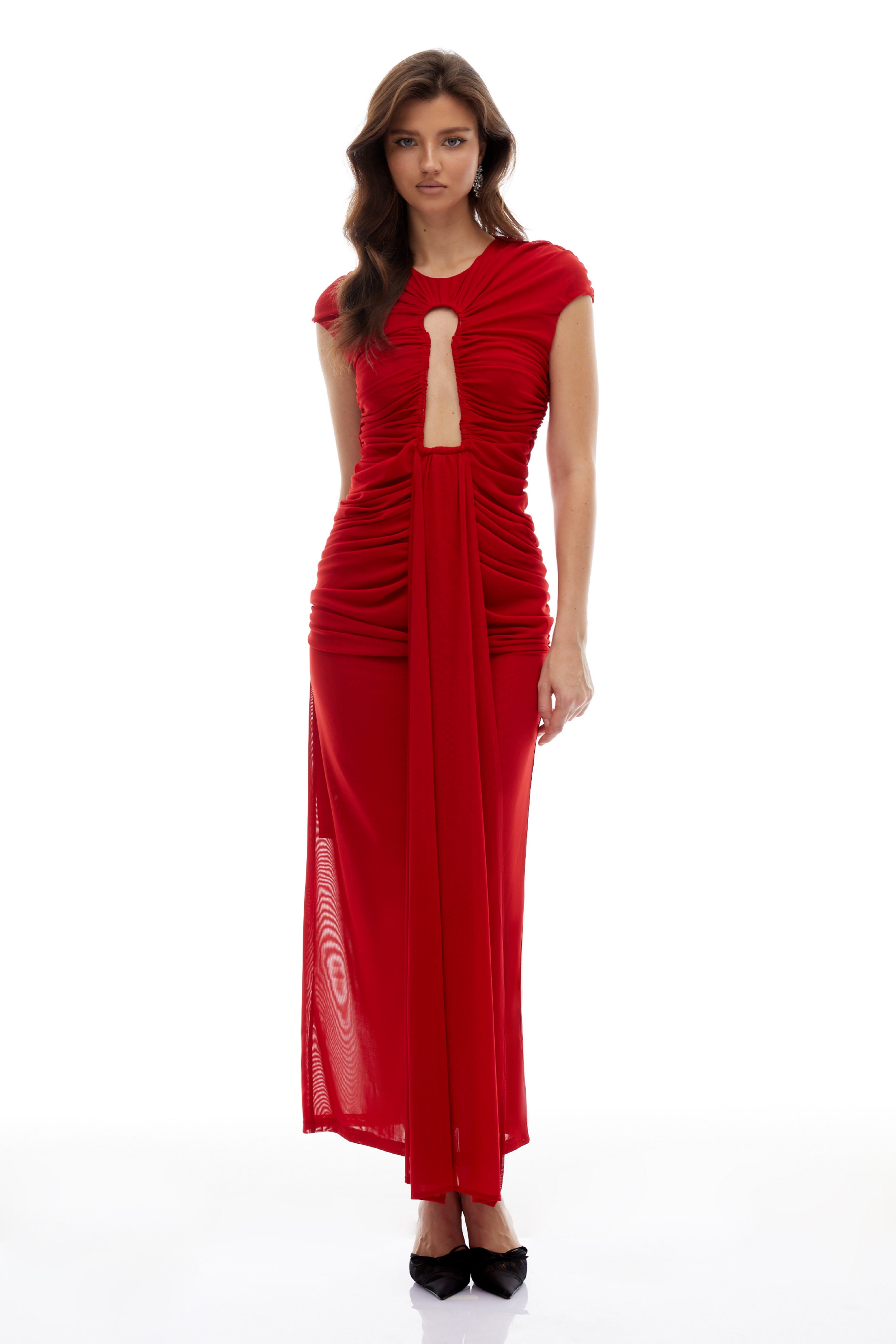 Daniela Red Keyhole Ruched Maxi Dress
