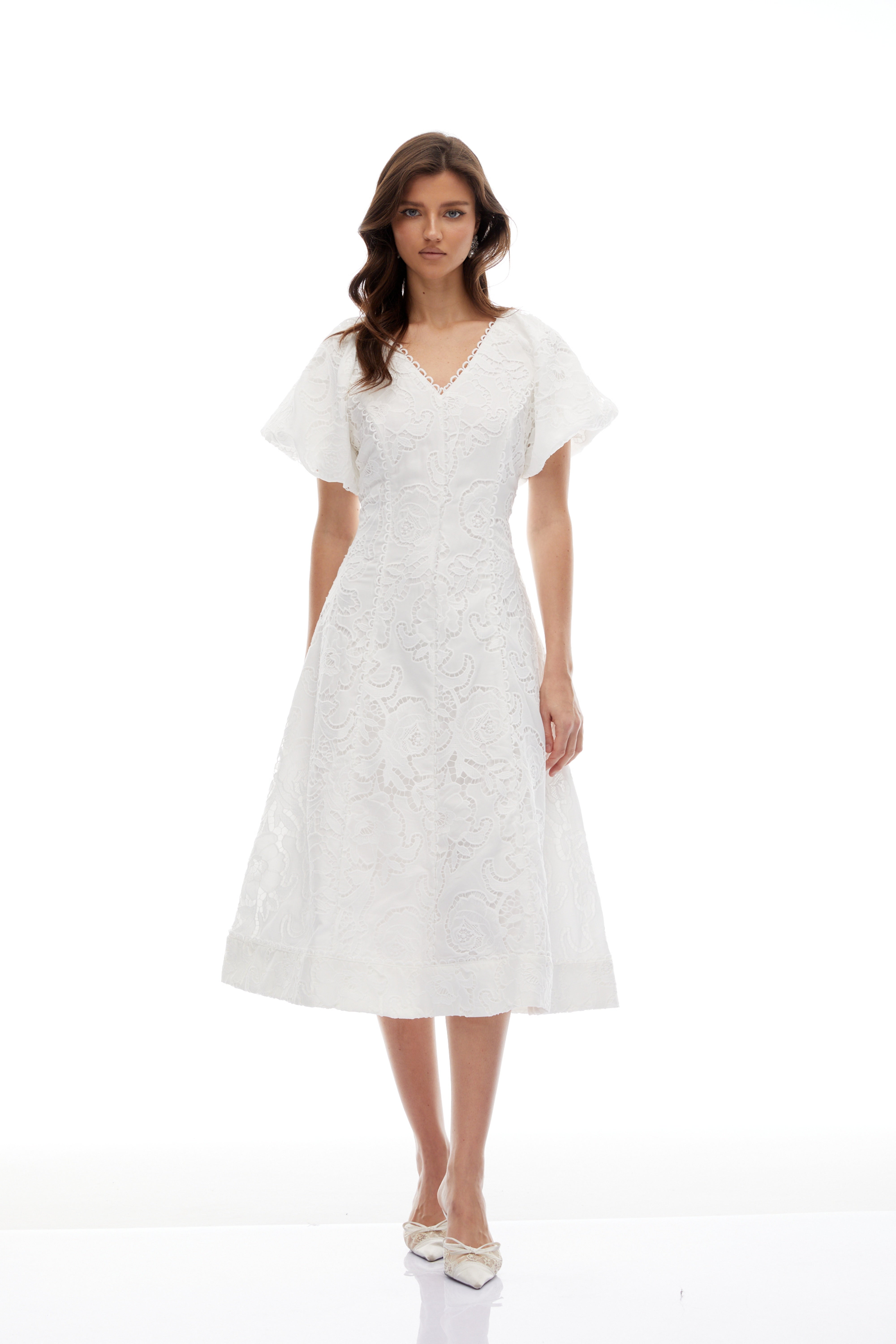 Renata White Floral Embroidered Lace Midi Dress