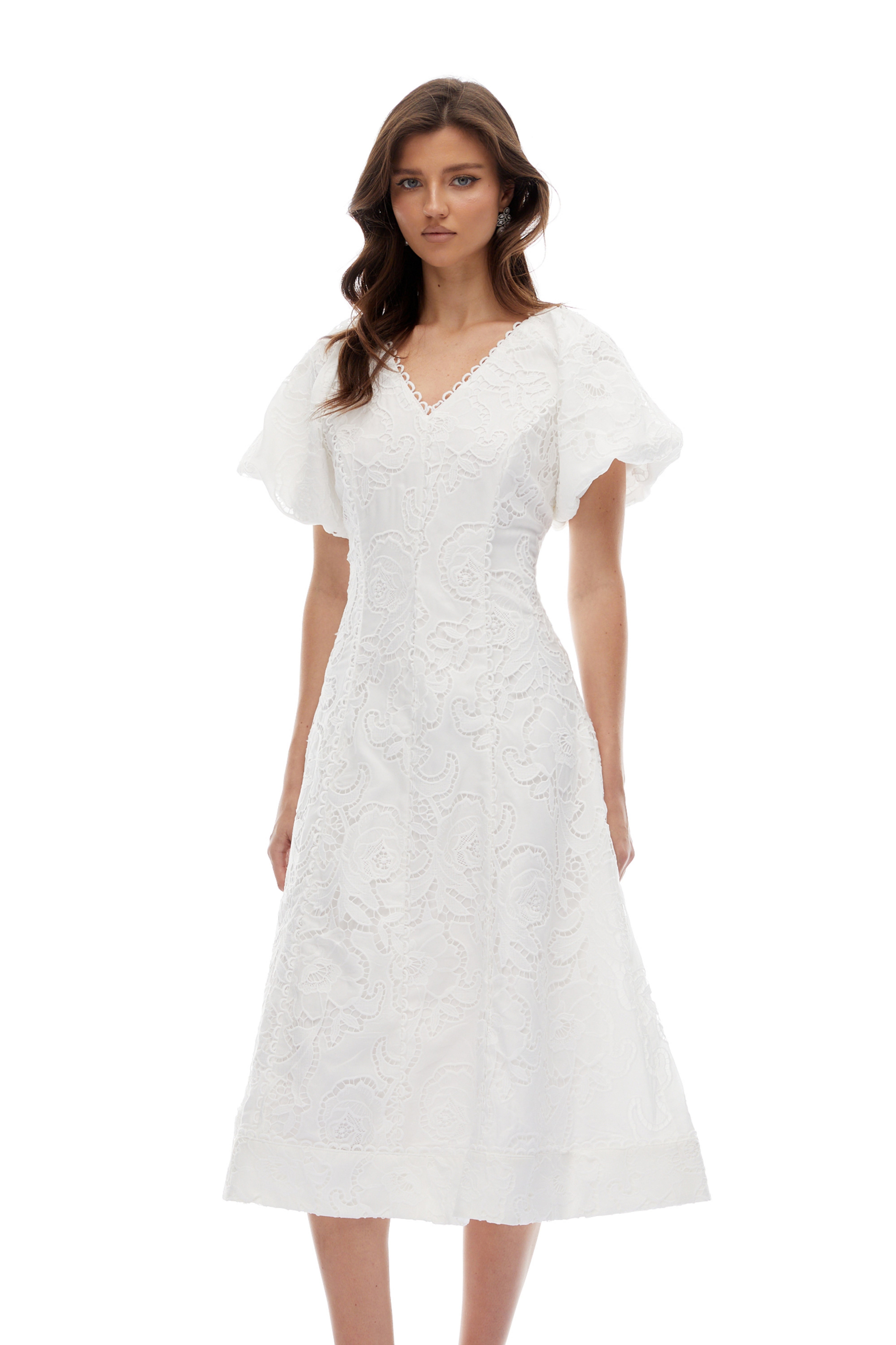Renata White Floral Embroidered Lace Midi Dress