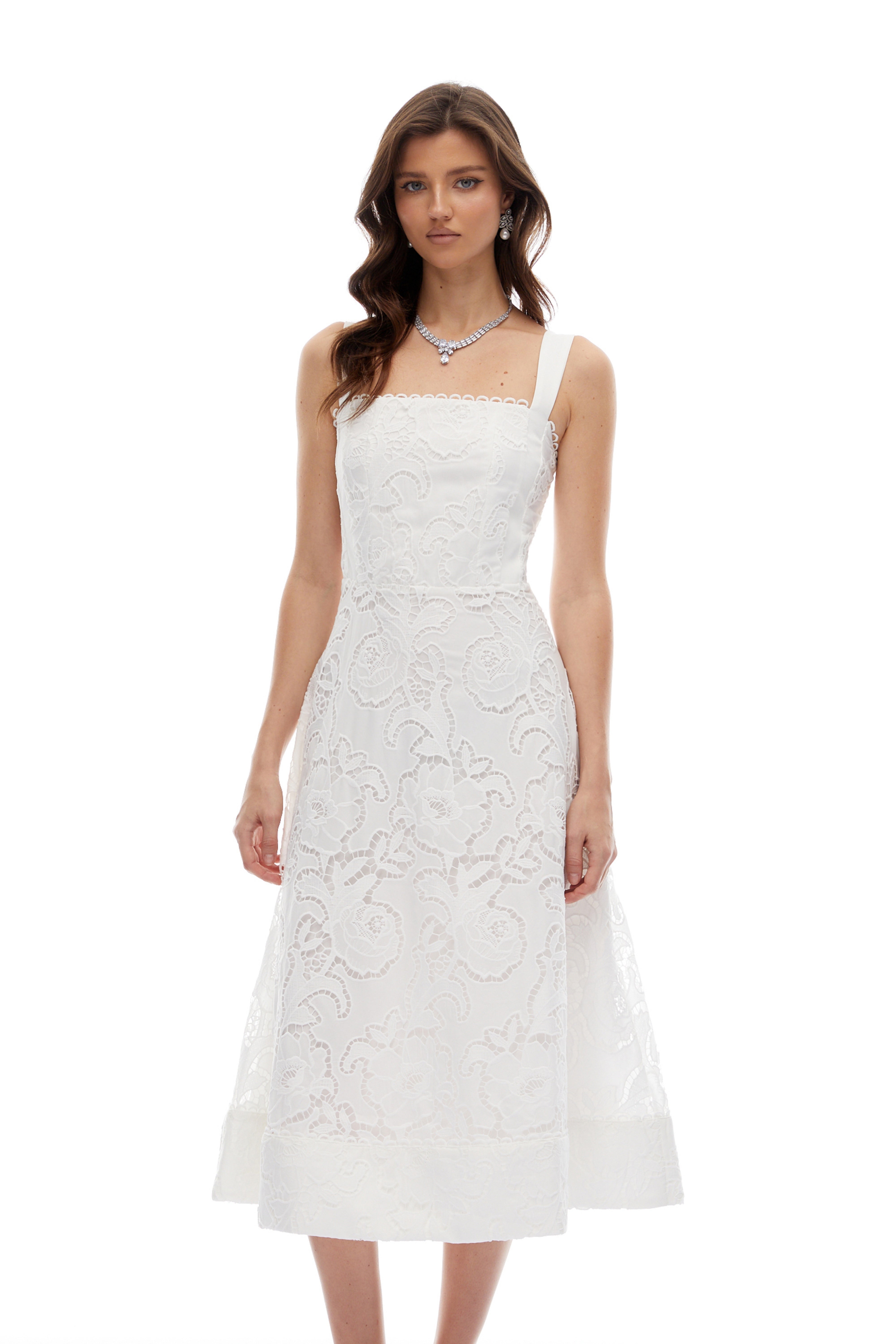 Genevieve White Floral Embroidered Lace Midi Dress