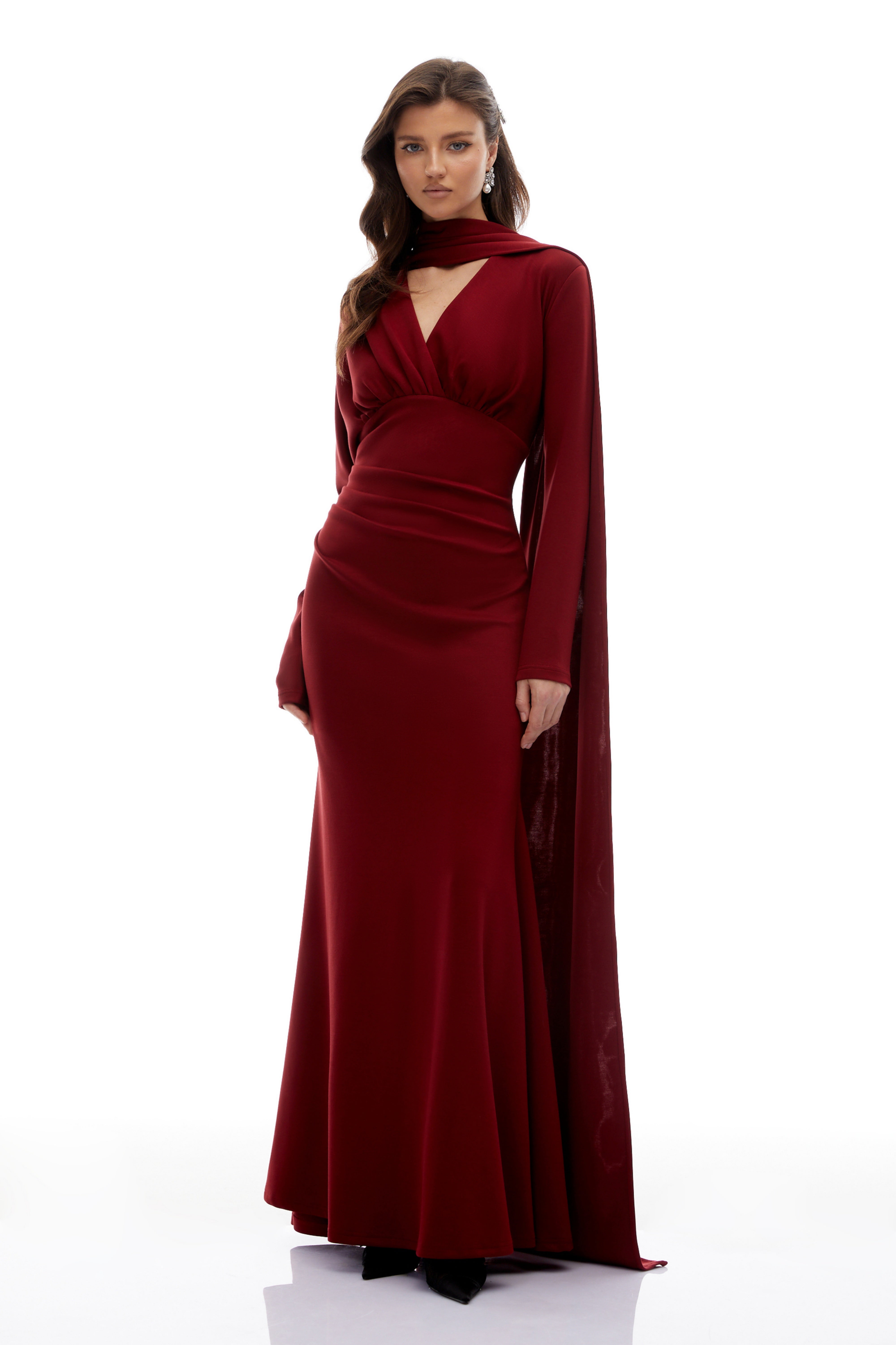 Margot Red Scarf Design Ruched Maxi Gown