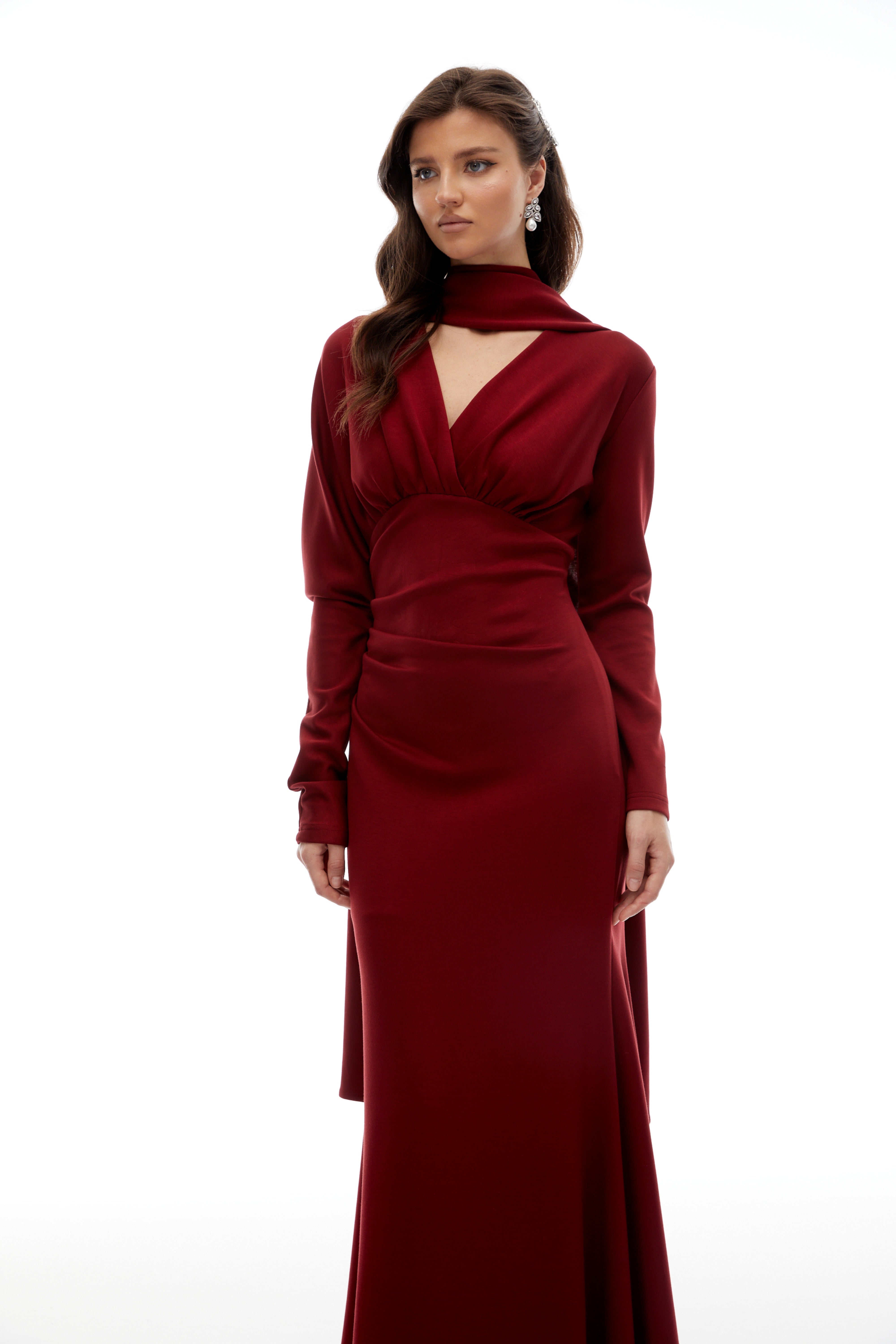 Margot Red Scarf Design Ruched Maxi Gown