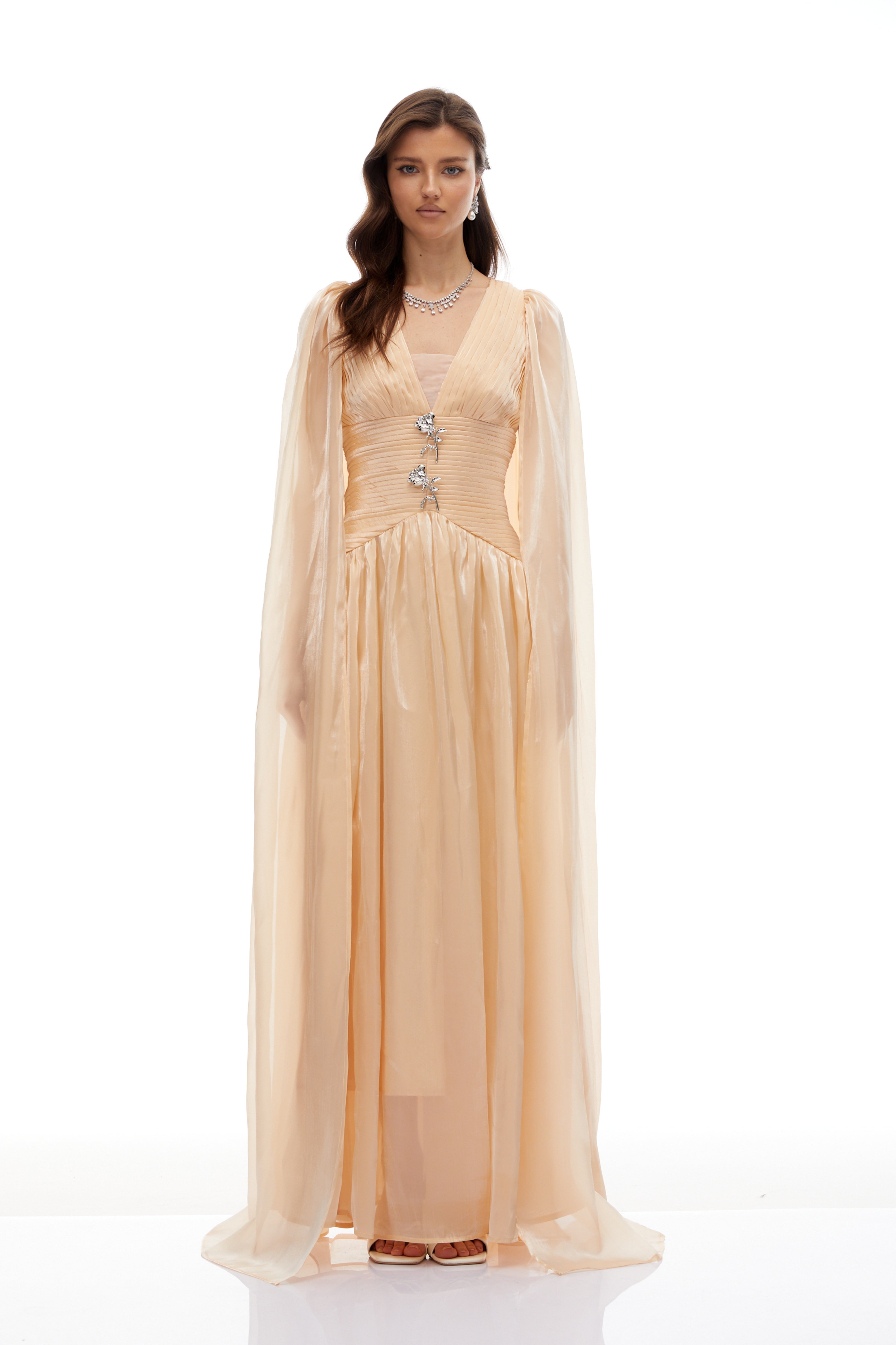 Natividad Champagne Cape Design Maxi Dress