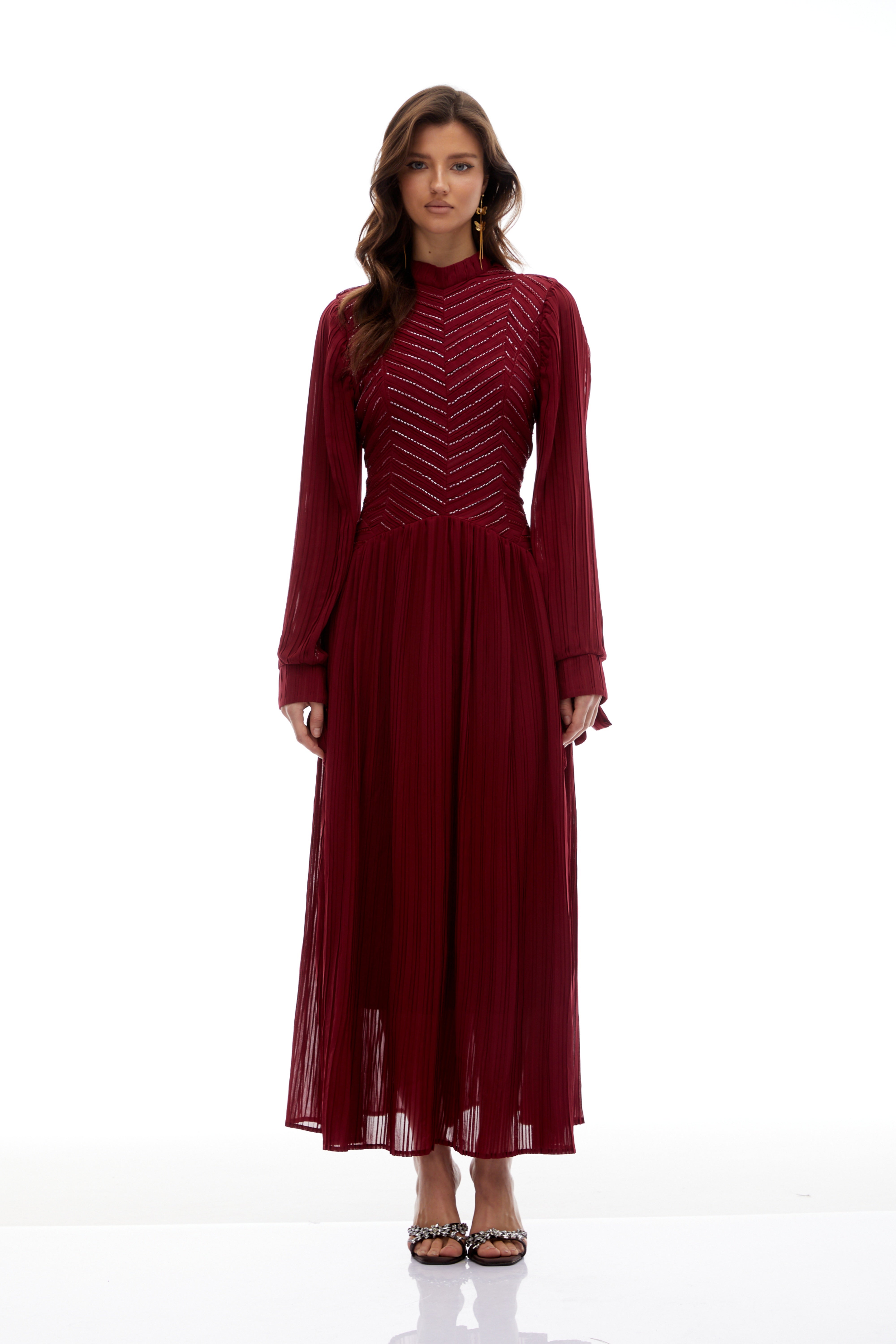 Hulda Burgundy Bead Embellished Ruched Maxi Dress(Final Sale-US Only)