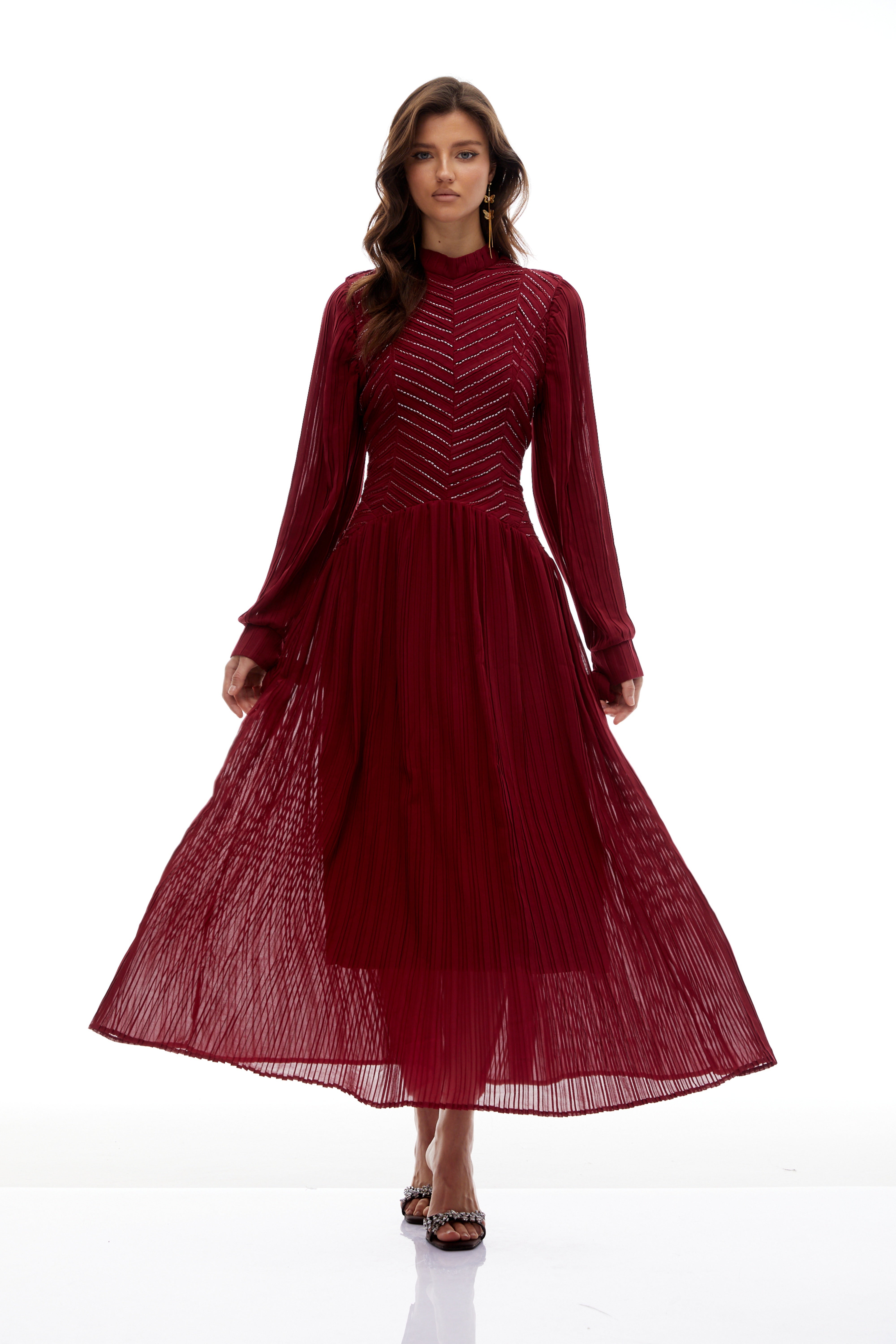 Hulda Burgundy Bead Embellished Ruched Maxi Dress