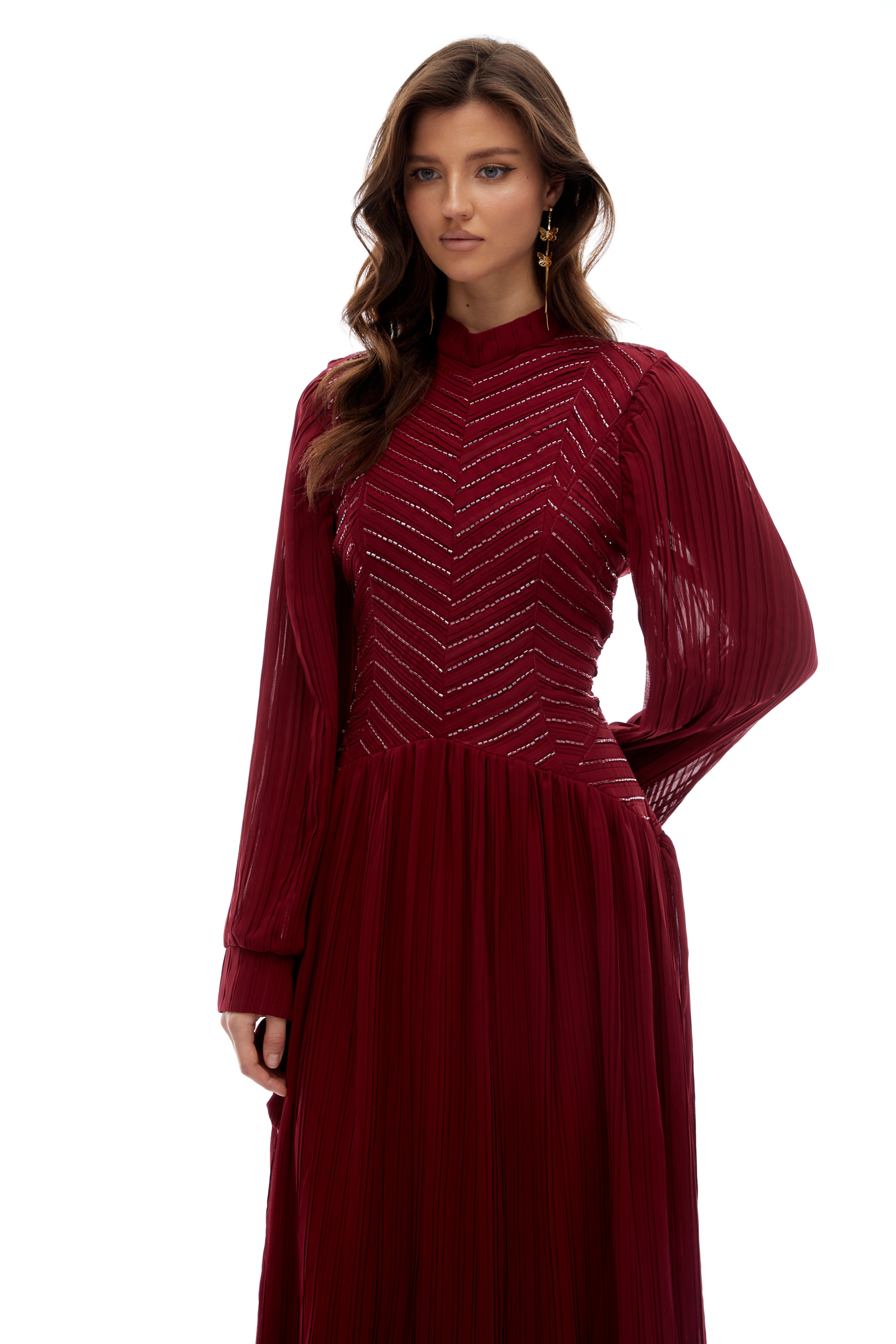 Hulda Burgundy Bead Embellished Ruched Maxi Dress