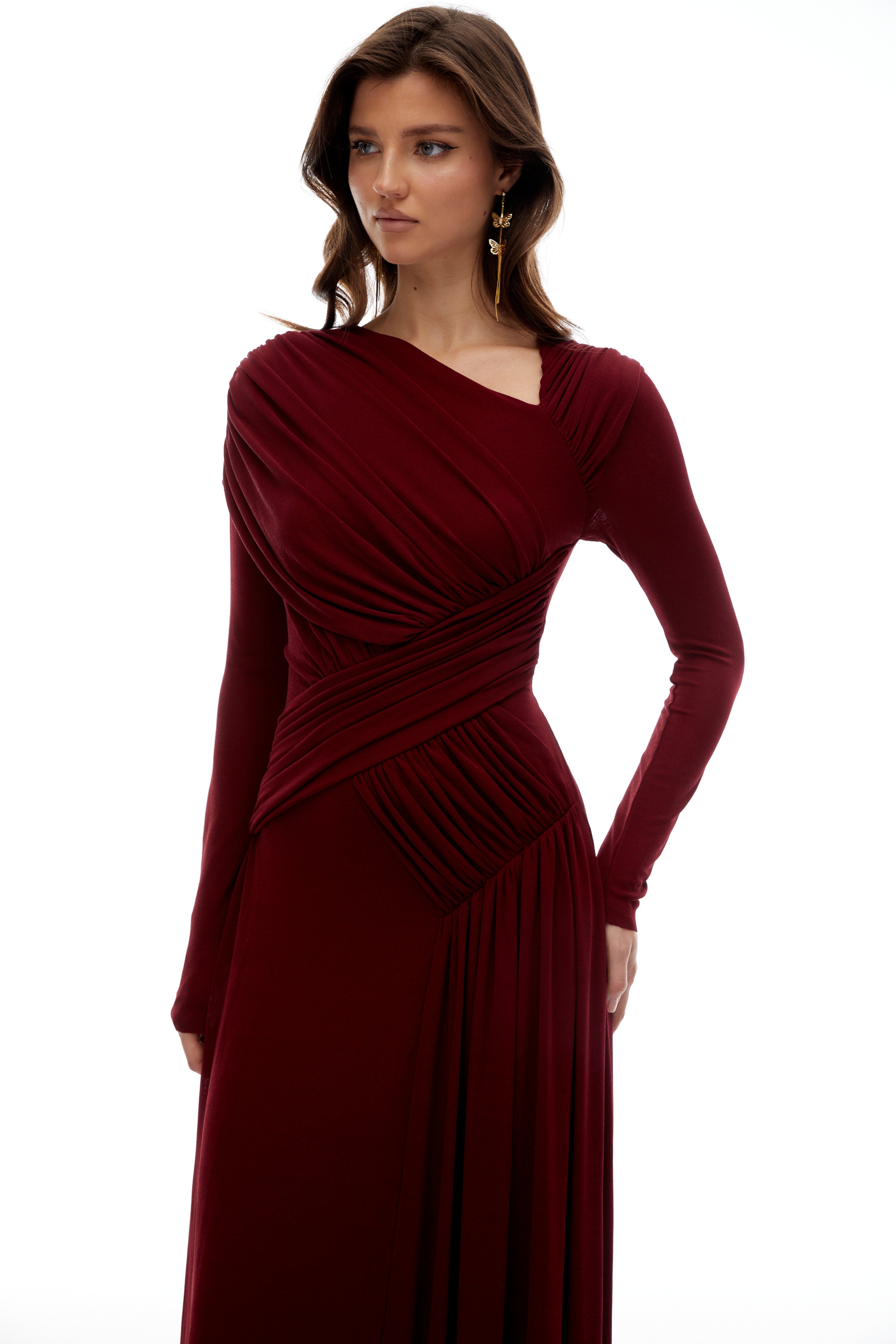 Beatriz Burgundy Asymmetrical Gathered Maxi Dress
