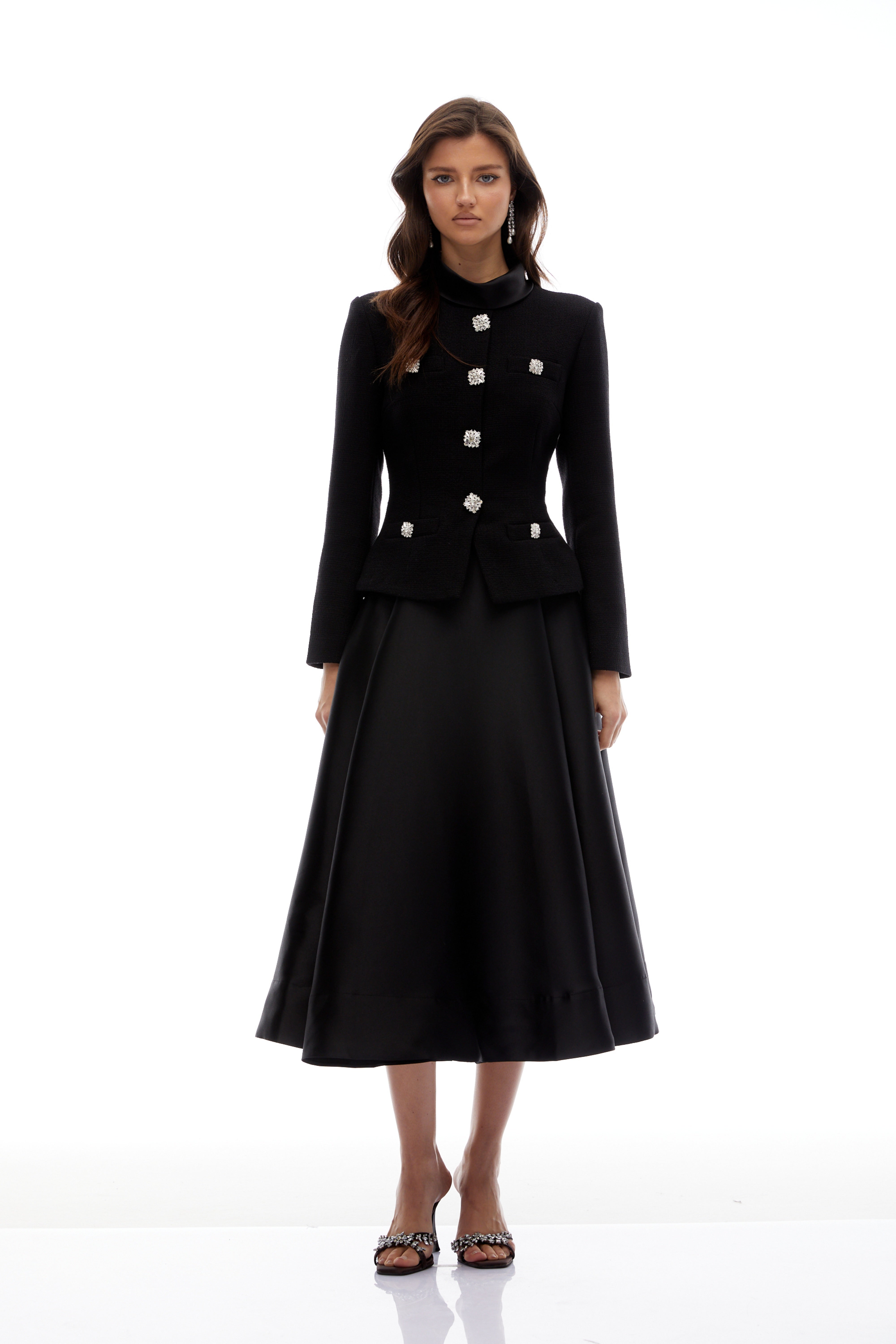 Lorelei Black High Neck Tweed Midi Dress