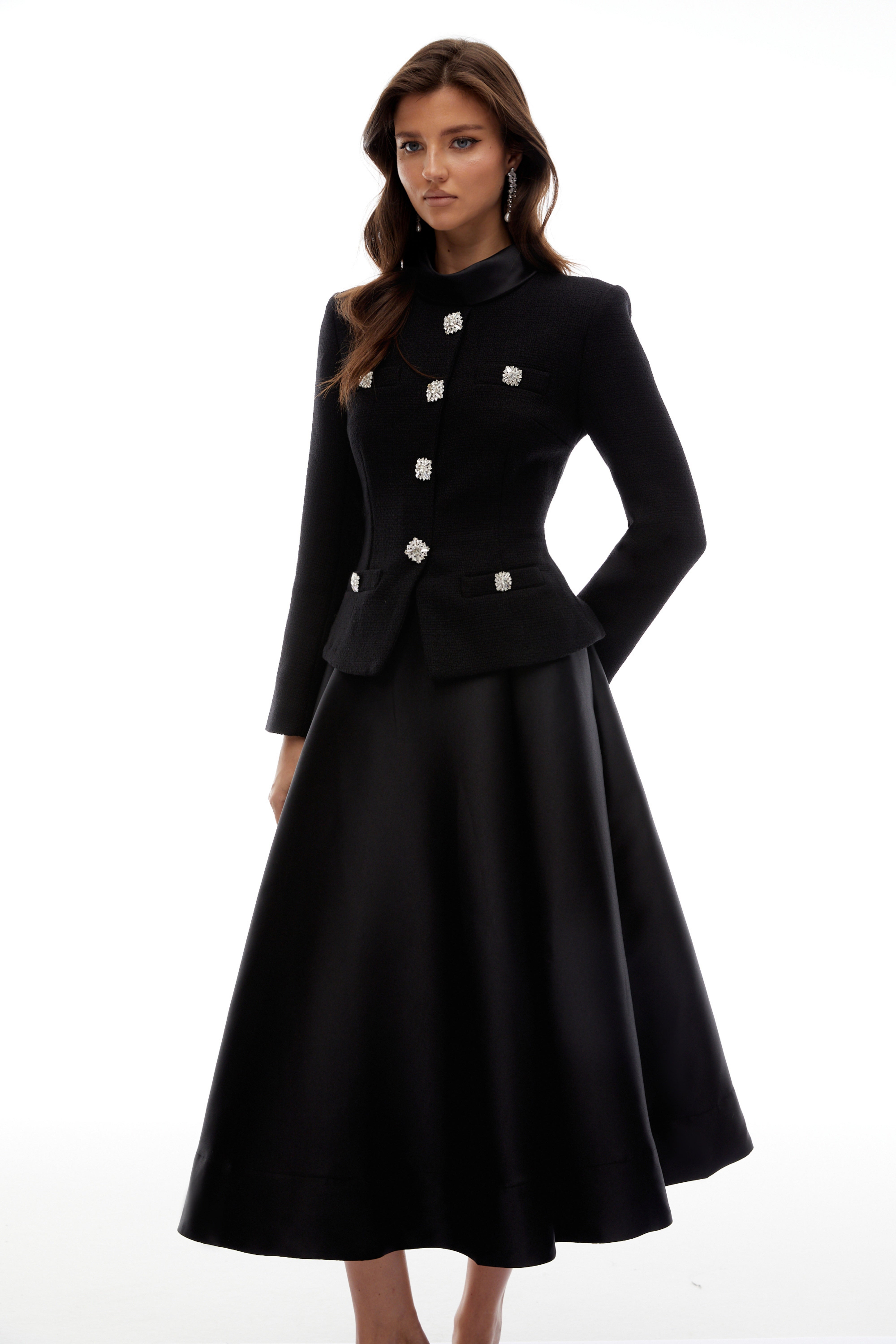 Lorelei Black High Neck Tweed Midi Dress