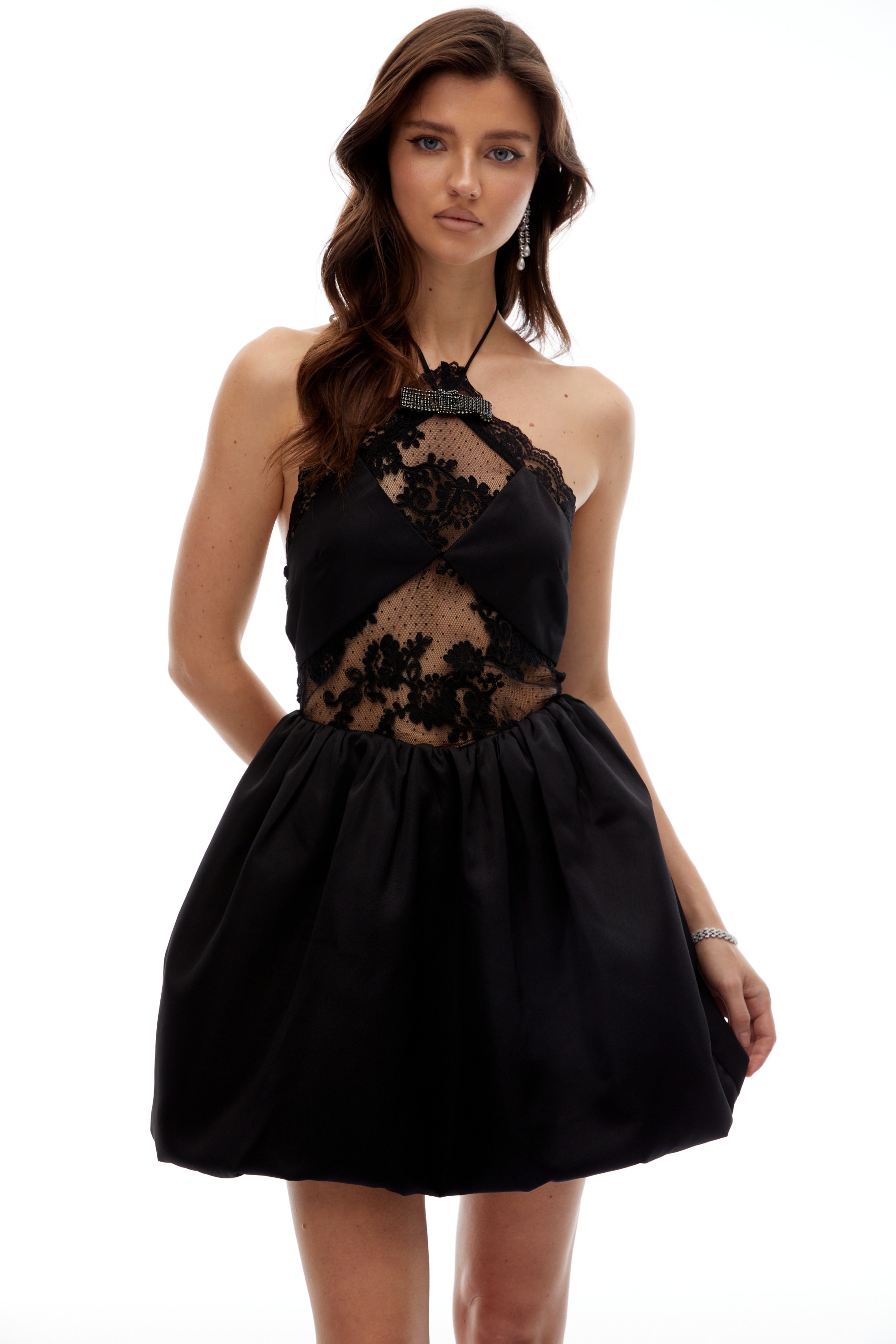 Charlie Black Halterneck Lace Panel Mini Dress