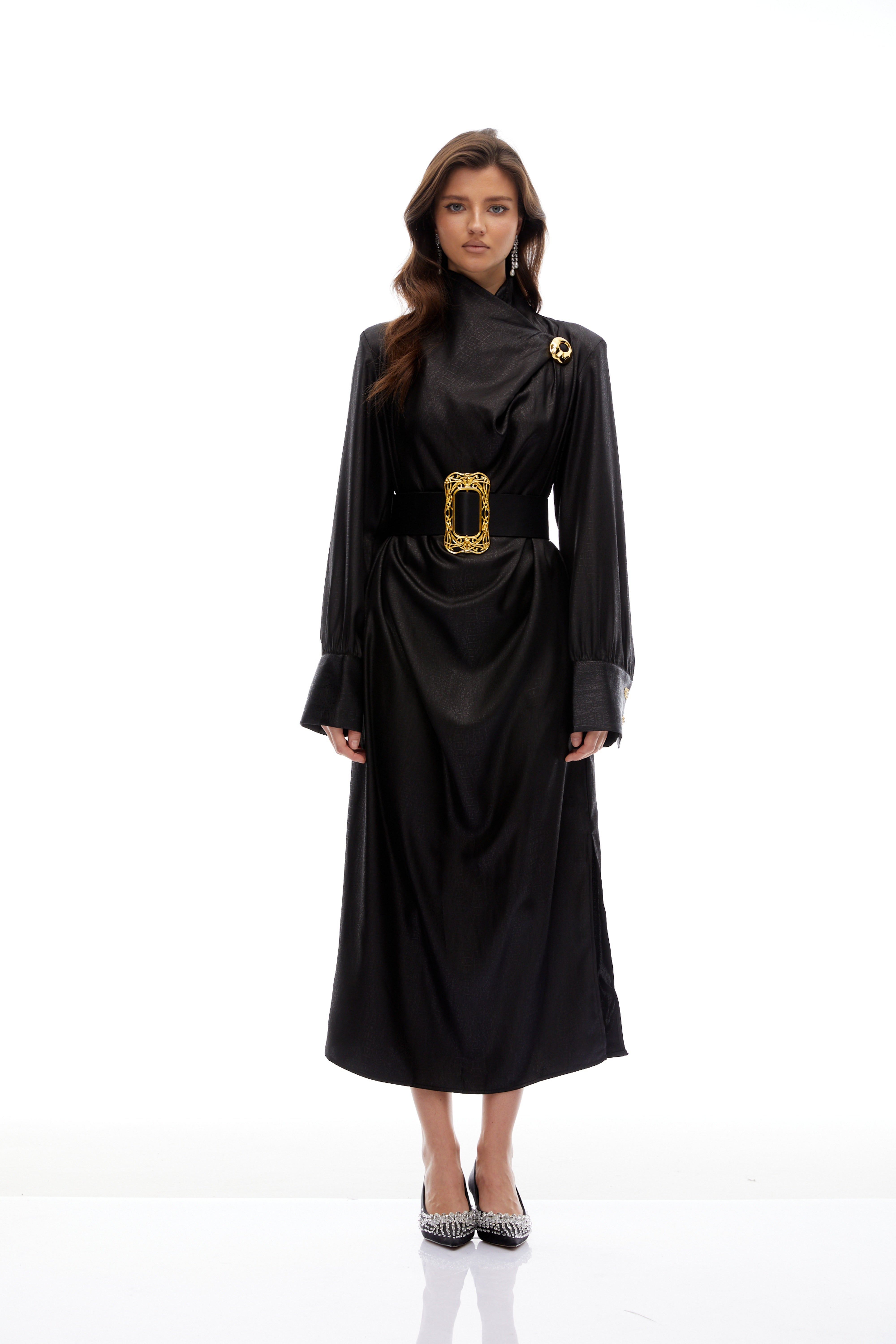 Frederica Black Belted Textured Leather Coat