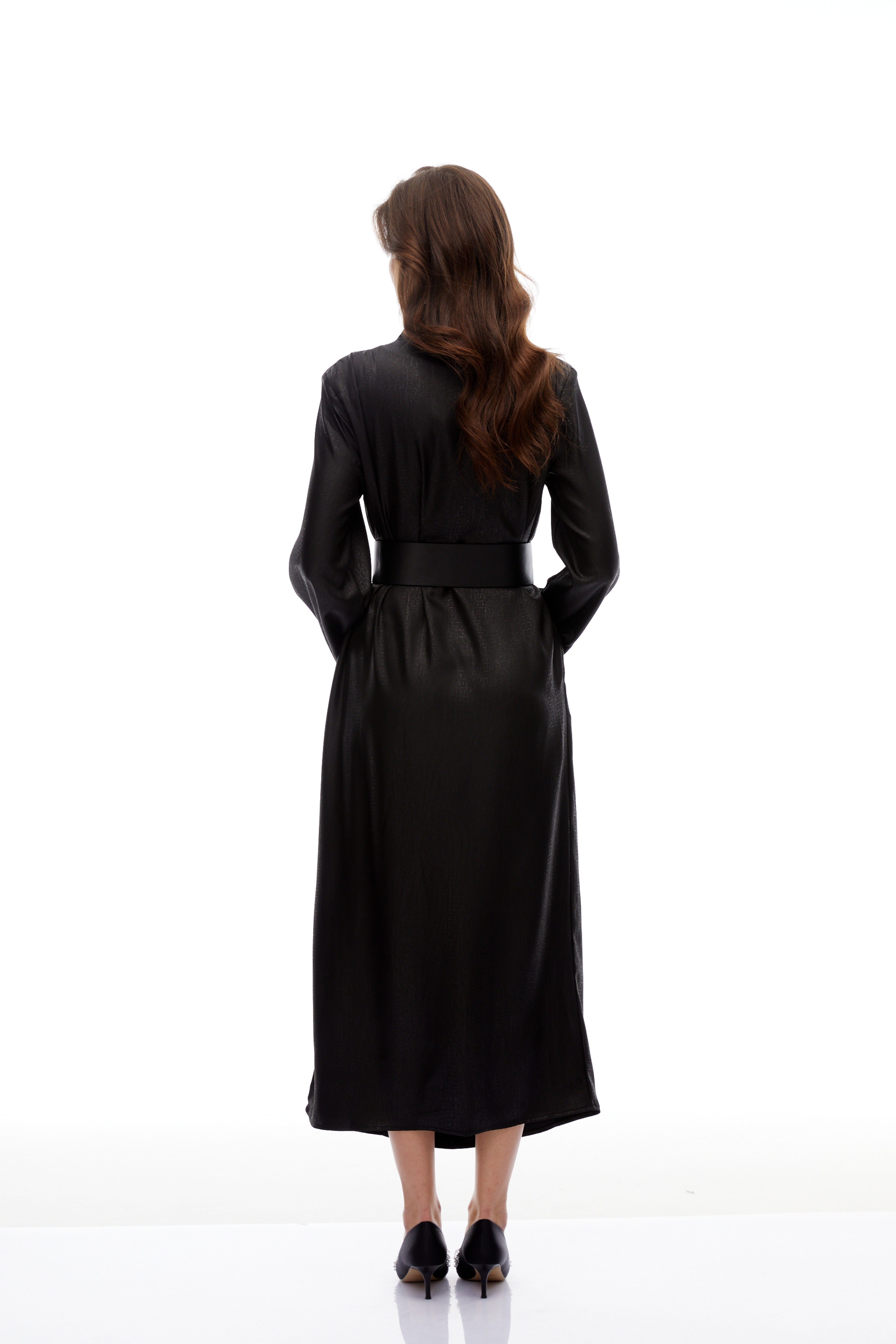 Frederica Black Belted Textured Leather Coat