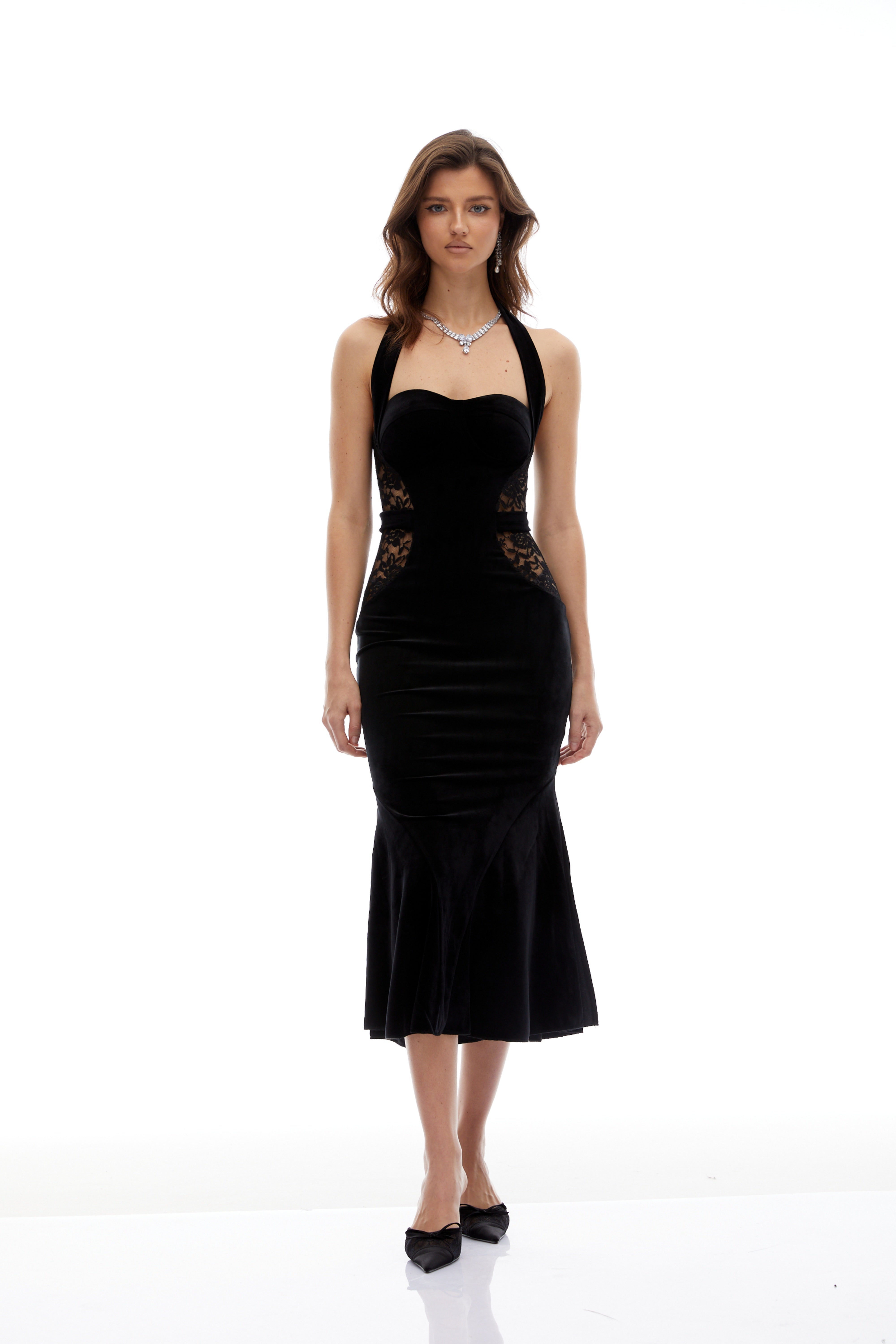 Tove Black Lace Panel Velvet Midi Dress (Final Sale)