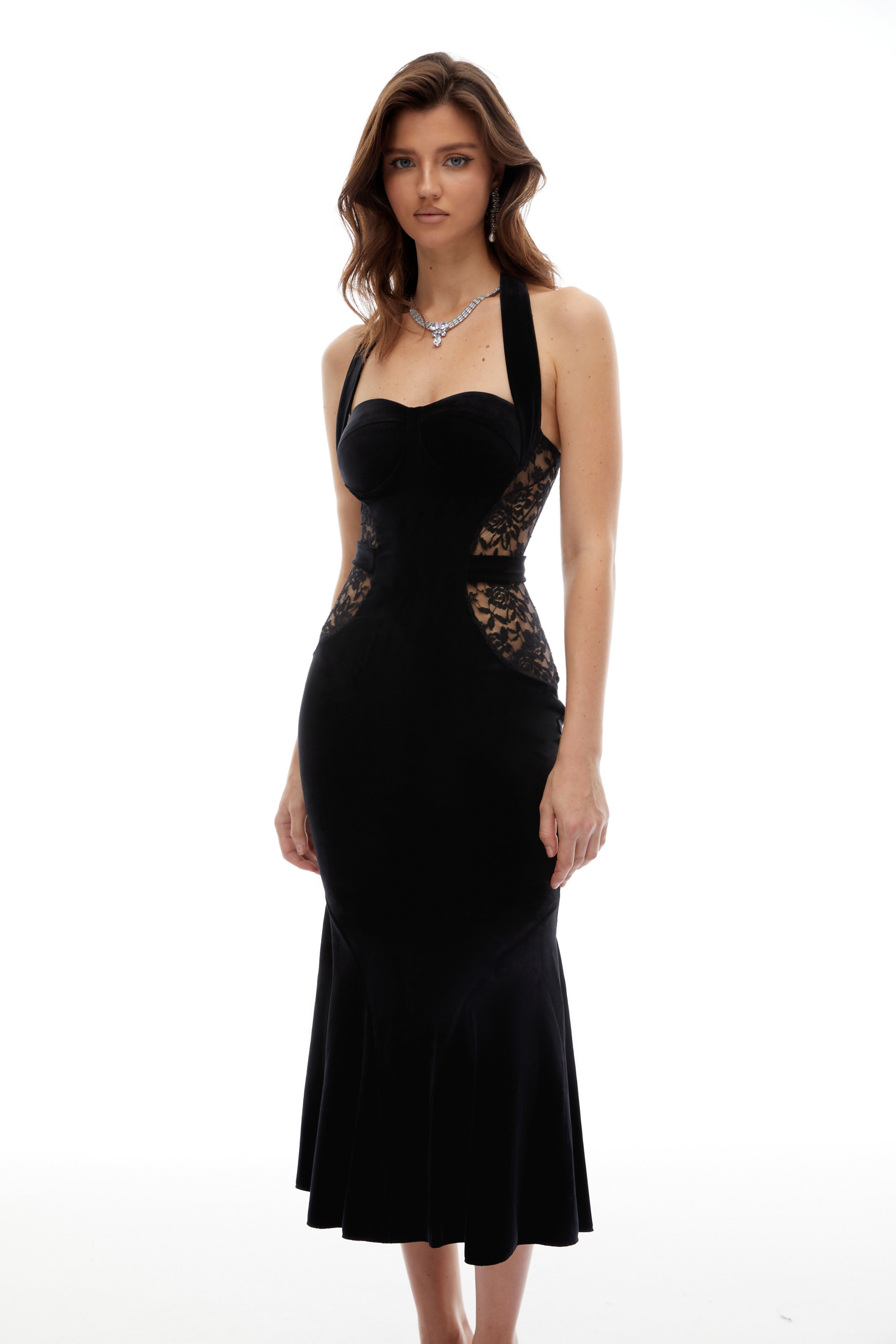 Tove Black Lace Panel Velvet Midi Dress