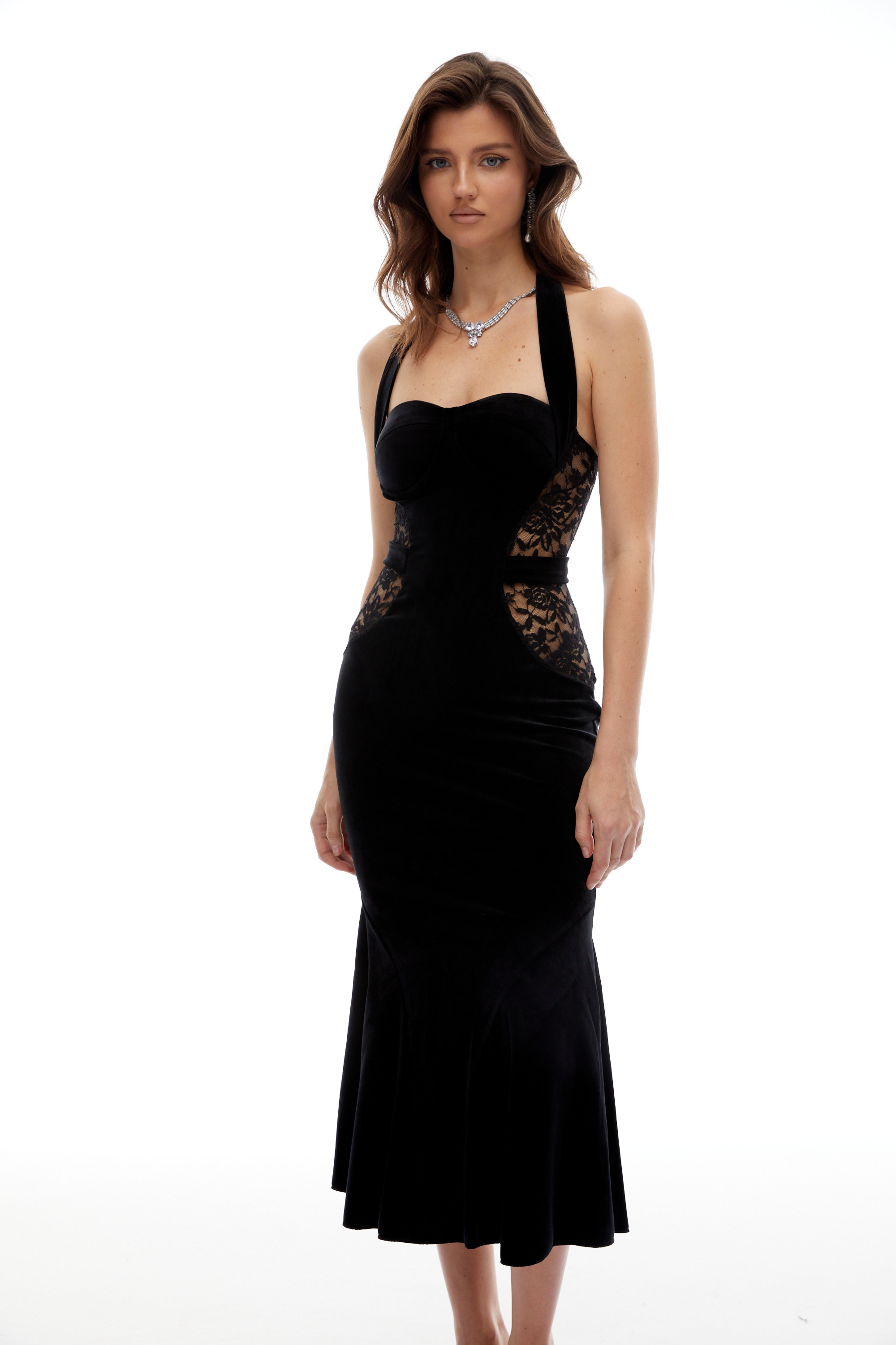 Tove Black Lace Panel Velvet Midi Dress (Final Sale-US Only)