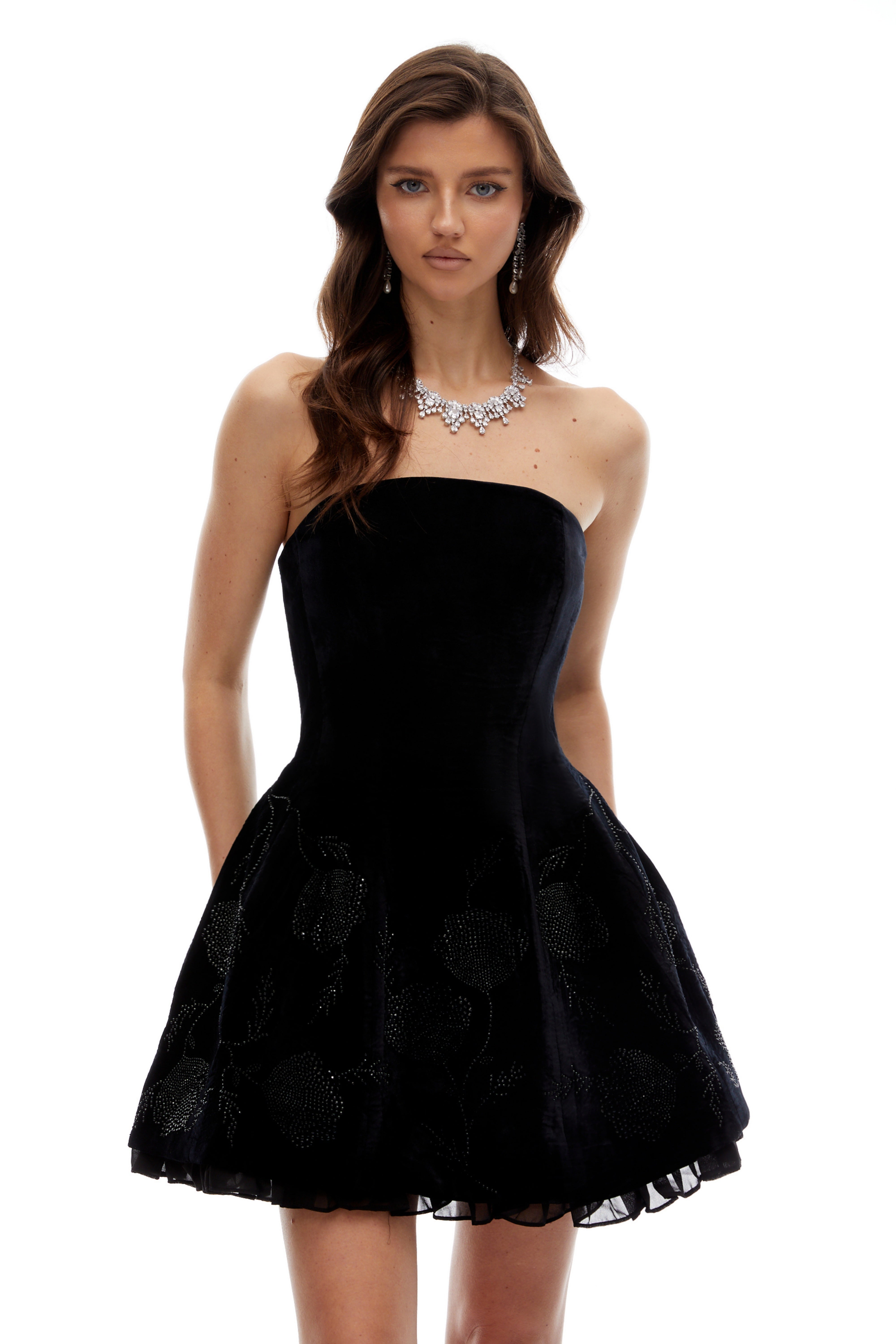 Veromca Black Floral Rhinestone Embellished Mini Dress