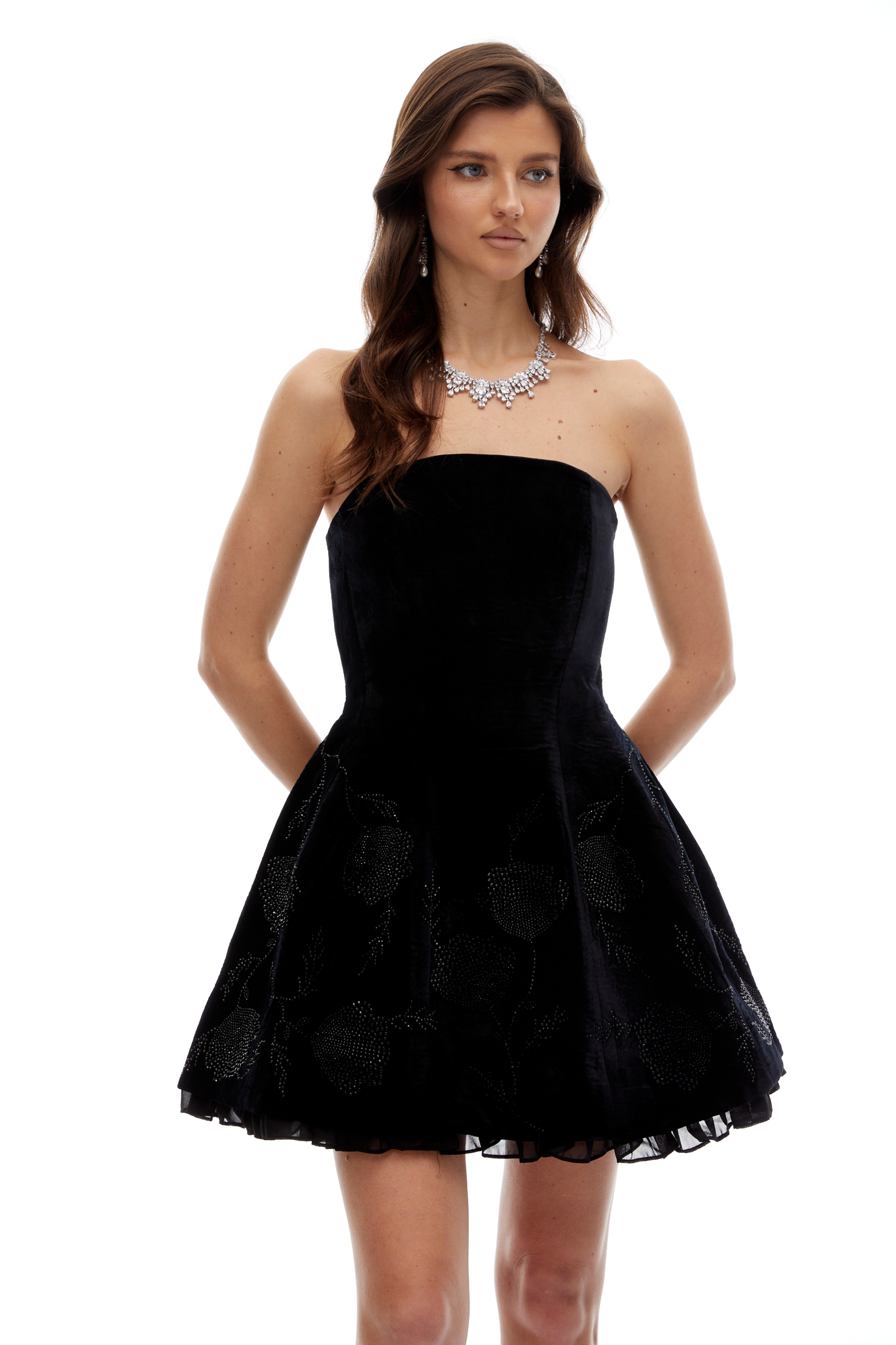 Veromca Black Floral Rhinestone Embellished Mini Dress