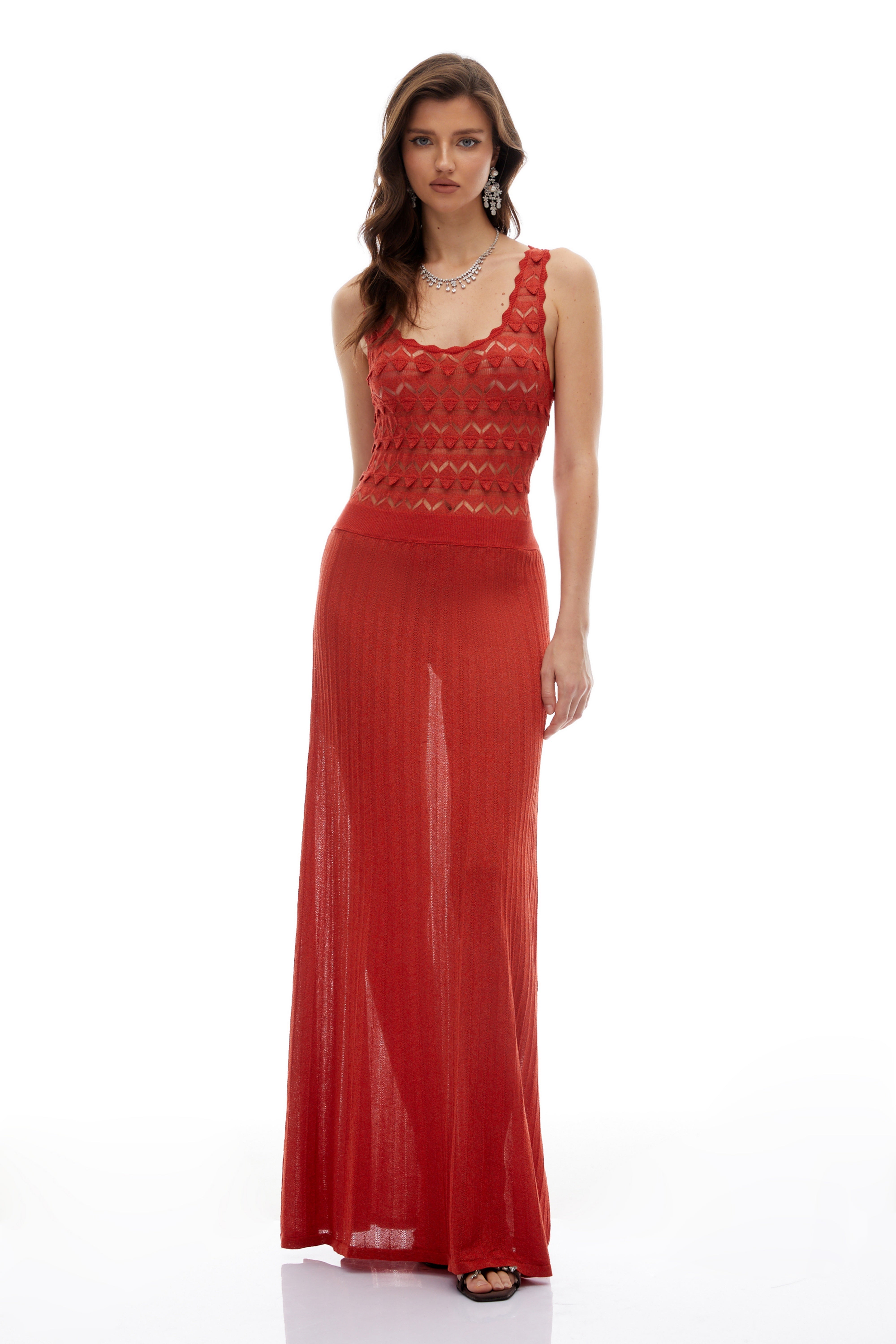 Calla Red 3D Knitted Ornament Maxi Dress