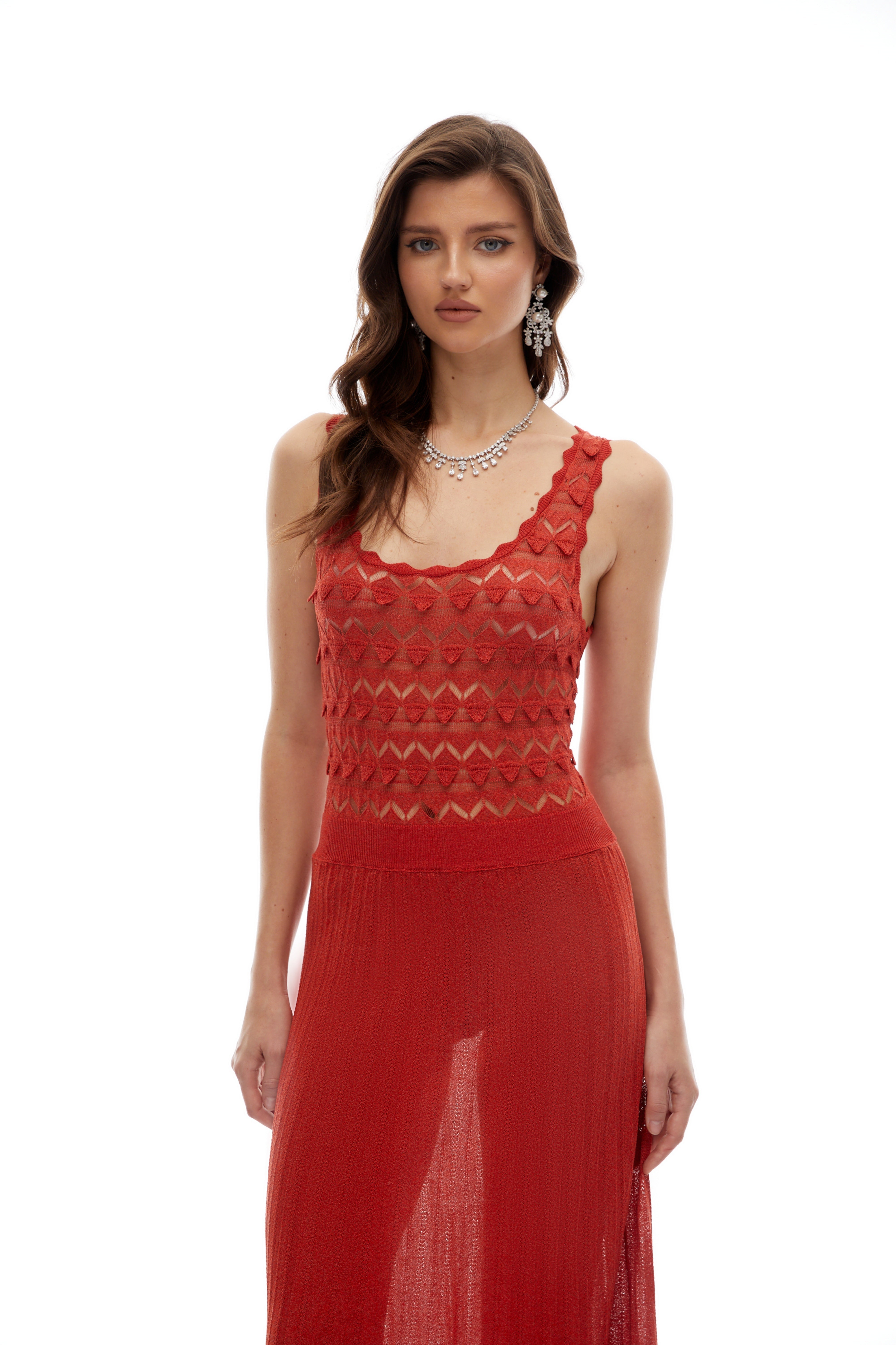 Calla Red 3D Knitted Ornament Maxi Dress