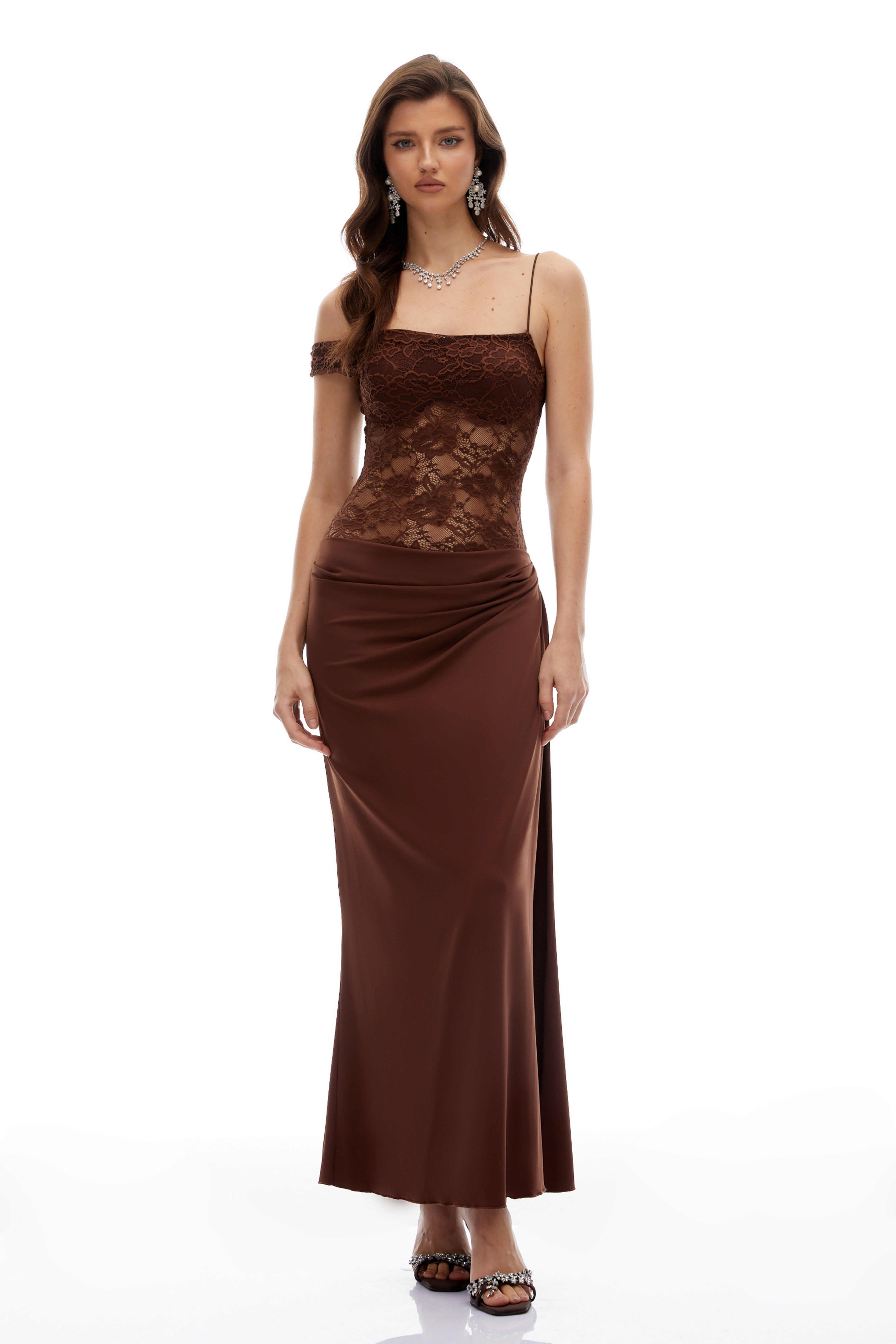 Sunniva Brown Lace Panel Asymmetrical Maxi Dress