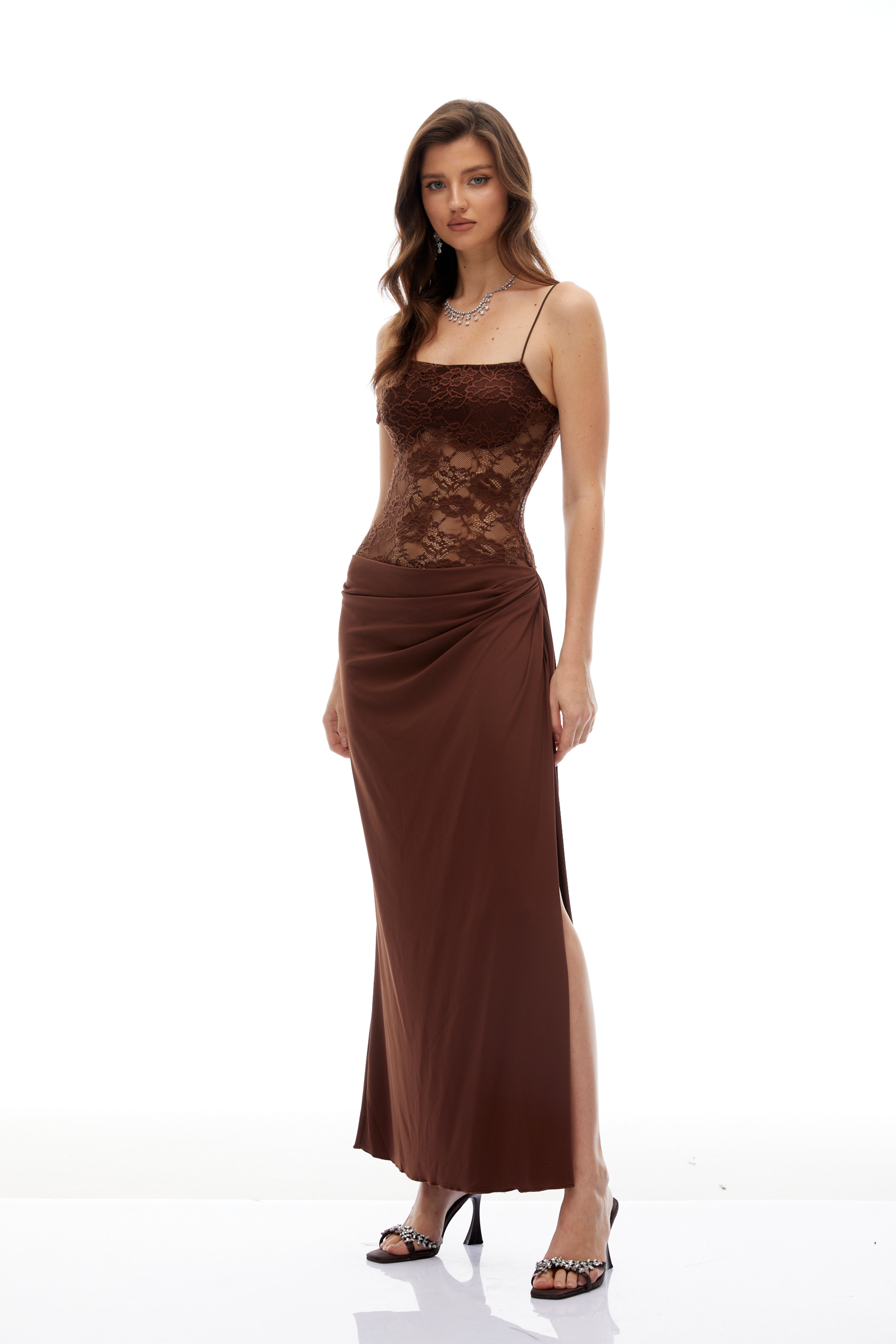 Sunniva Brown Lace Panel Asymmetrical Maxi Dress