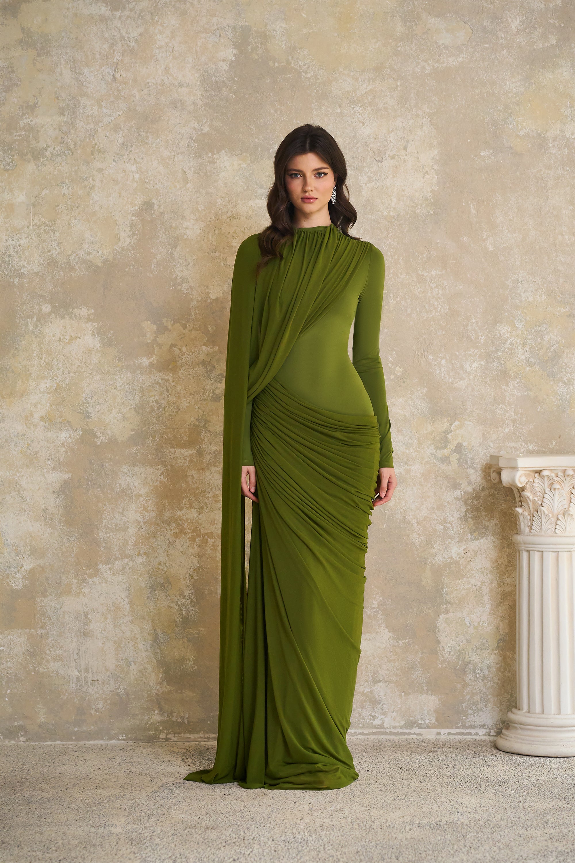 Emilia Green Asymmetrical Ribbon Draped Maxi Dress