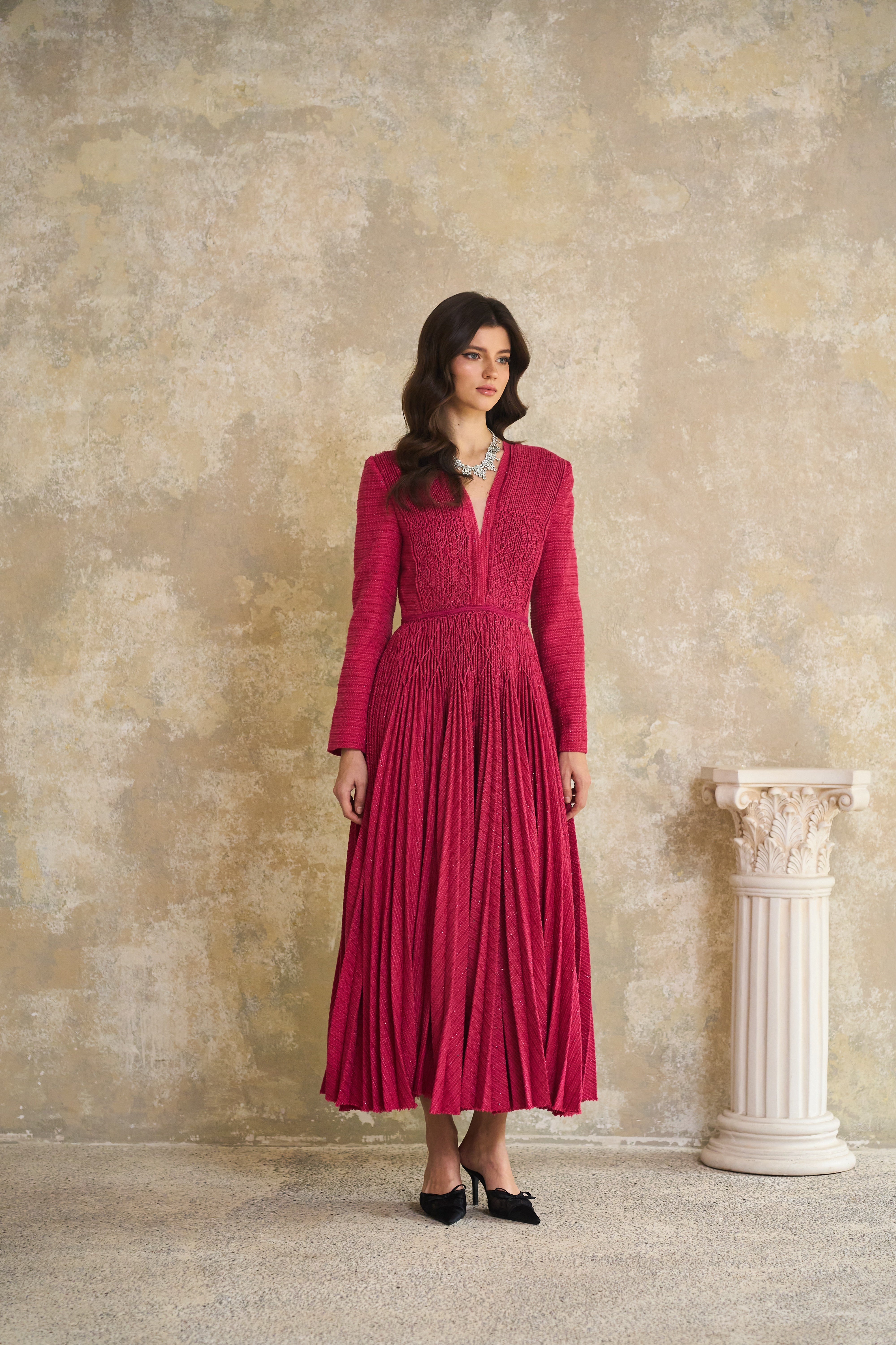 Ortensia Red Braided Pleated Tweed Midi Dress