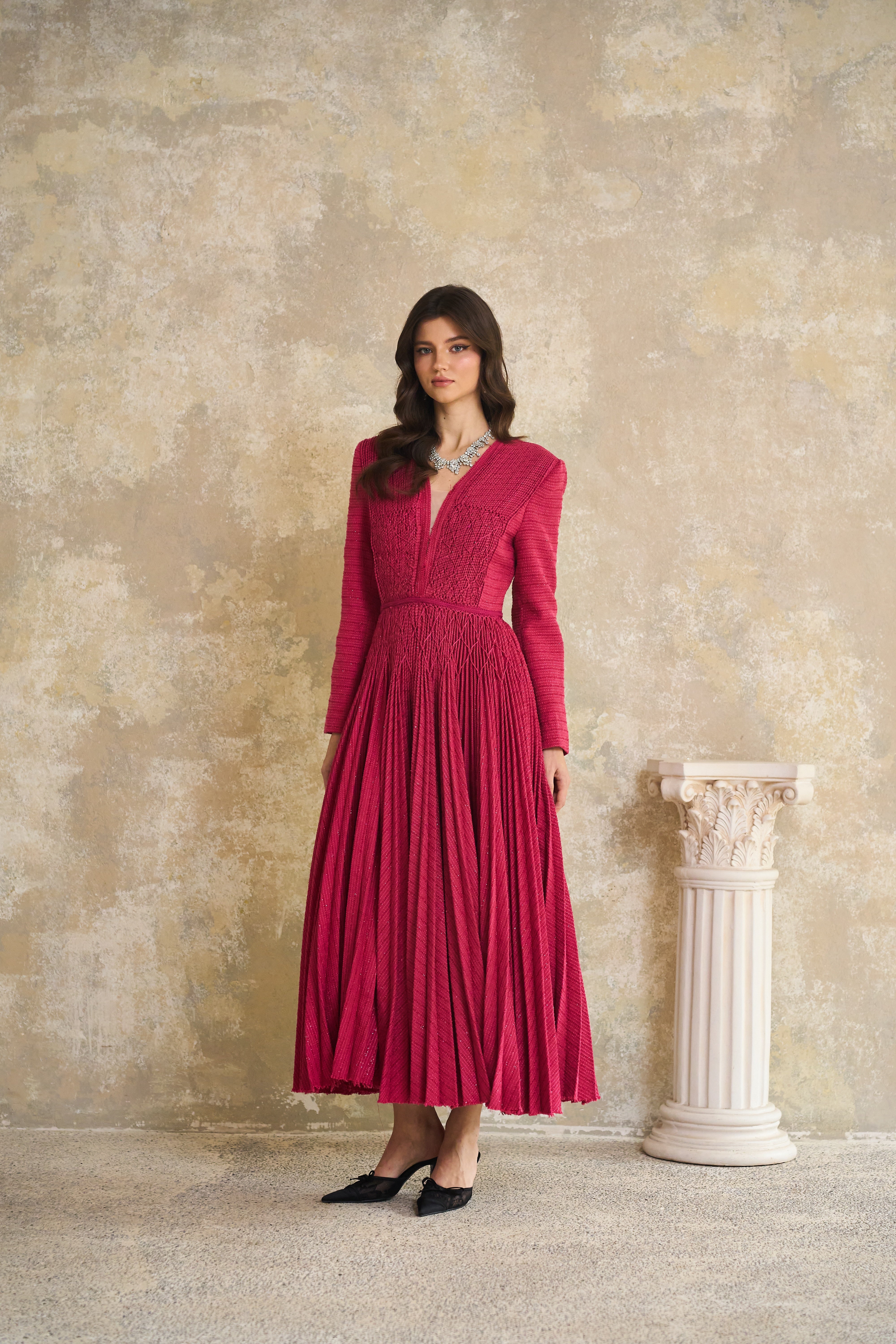 Ortensia Red Braided Pleated Tweed Midi Dress