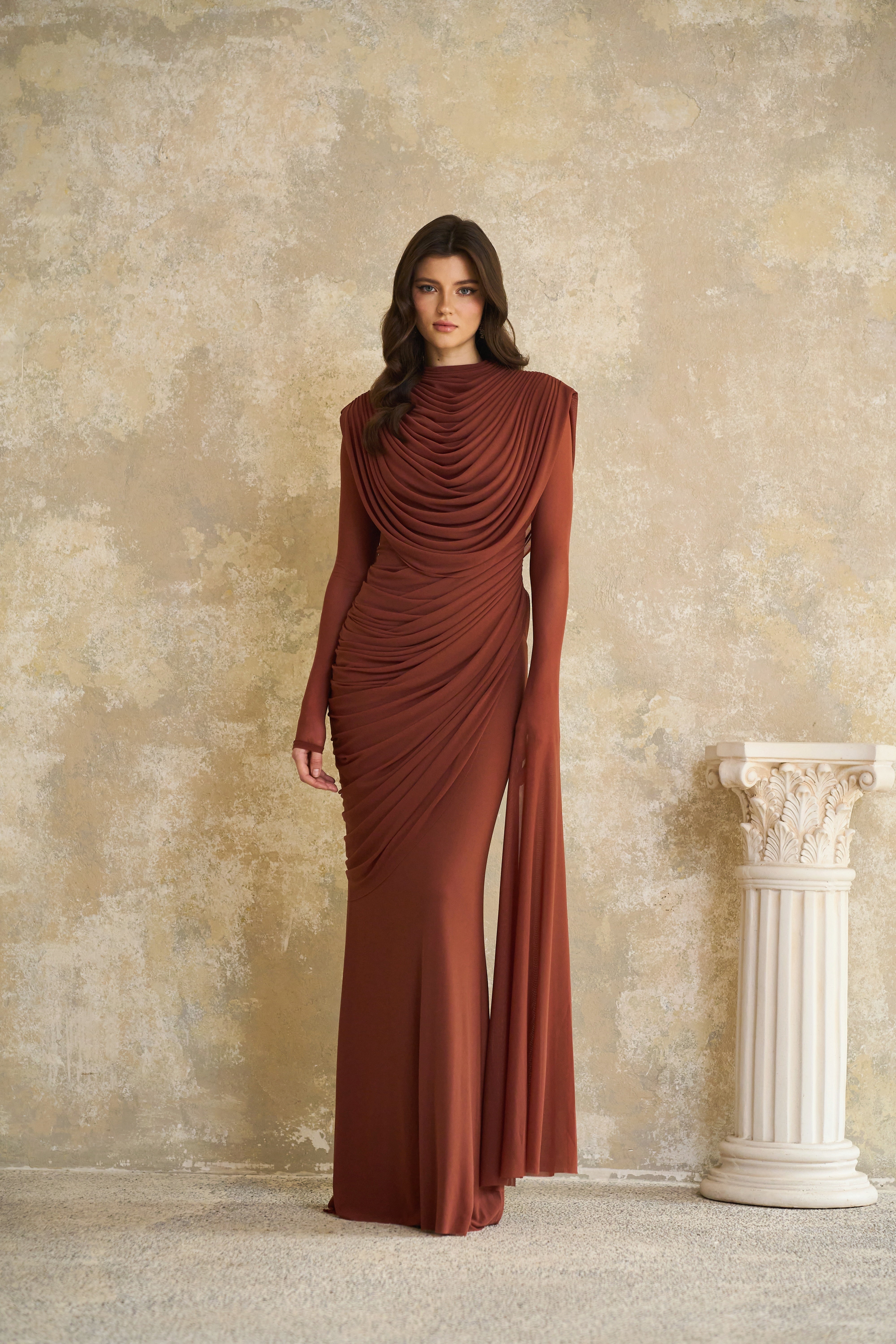 Danaé Brown Shirred-effect Draped Maxi Dress