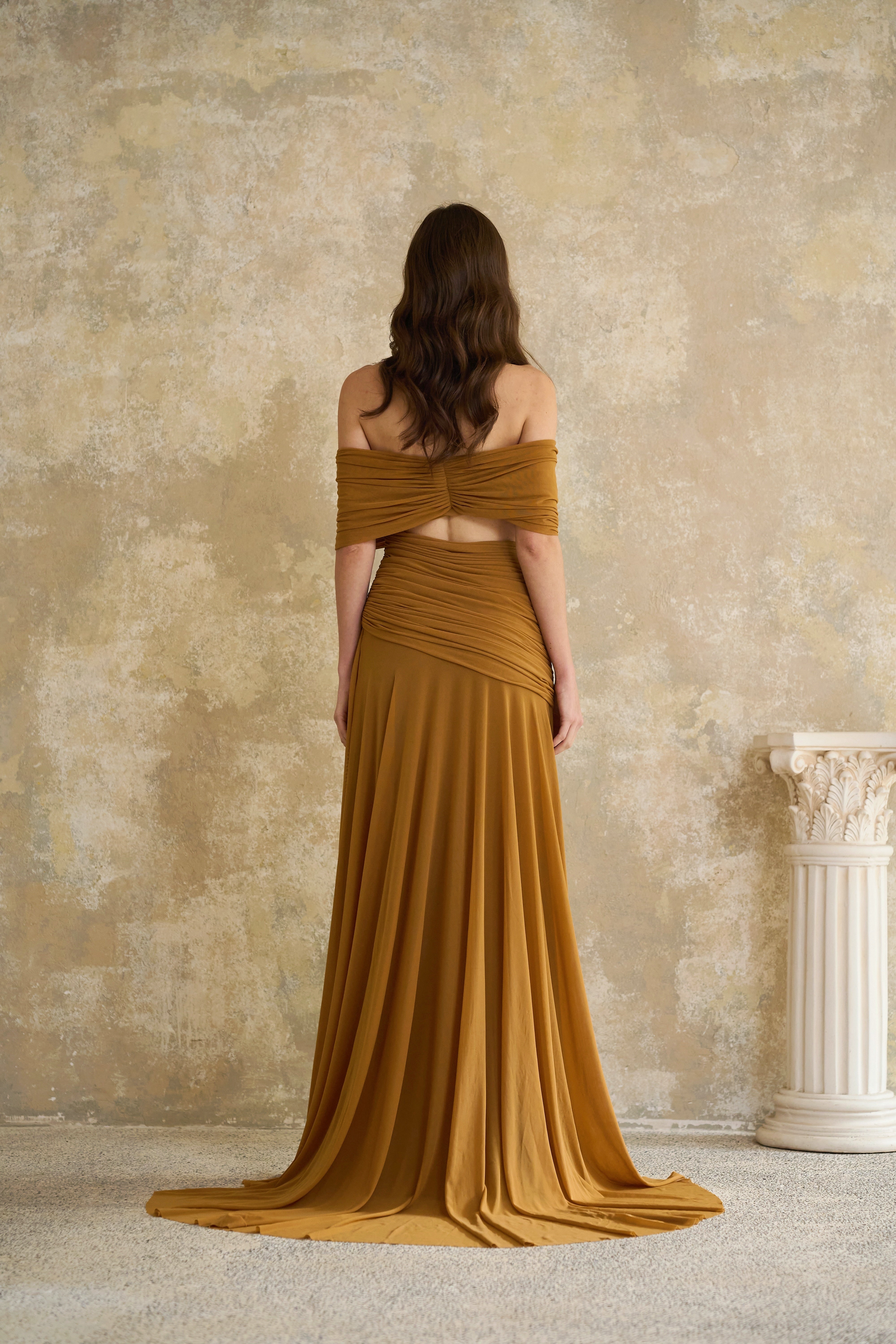 Ludivine Ocher Off-shoulder Cut-out Ruched Maxi Dress