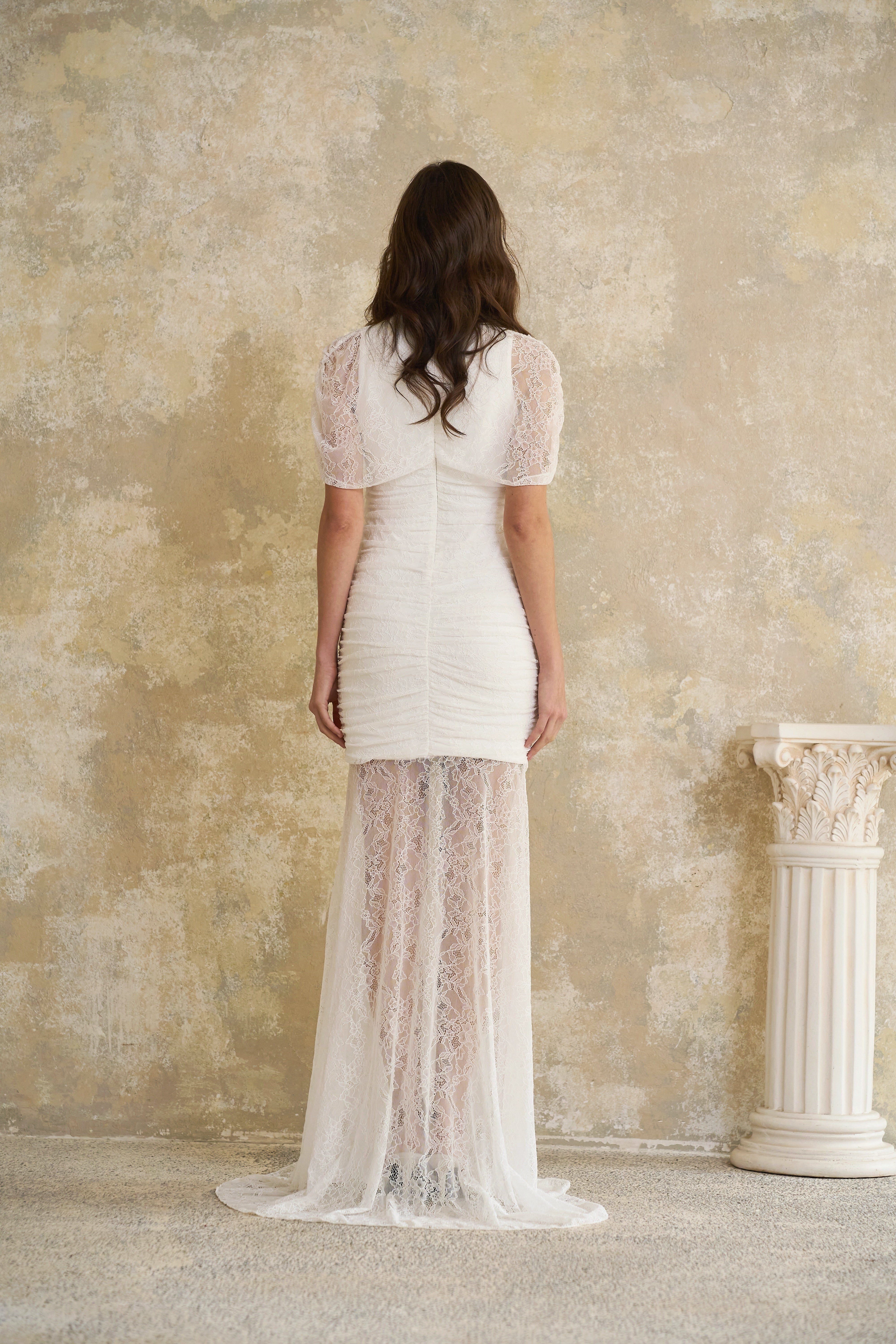 Sylphe White Asymmetrical Ruched Mesh Maxi Dress