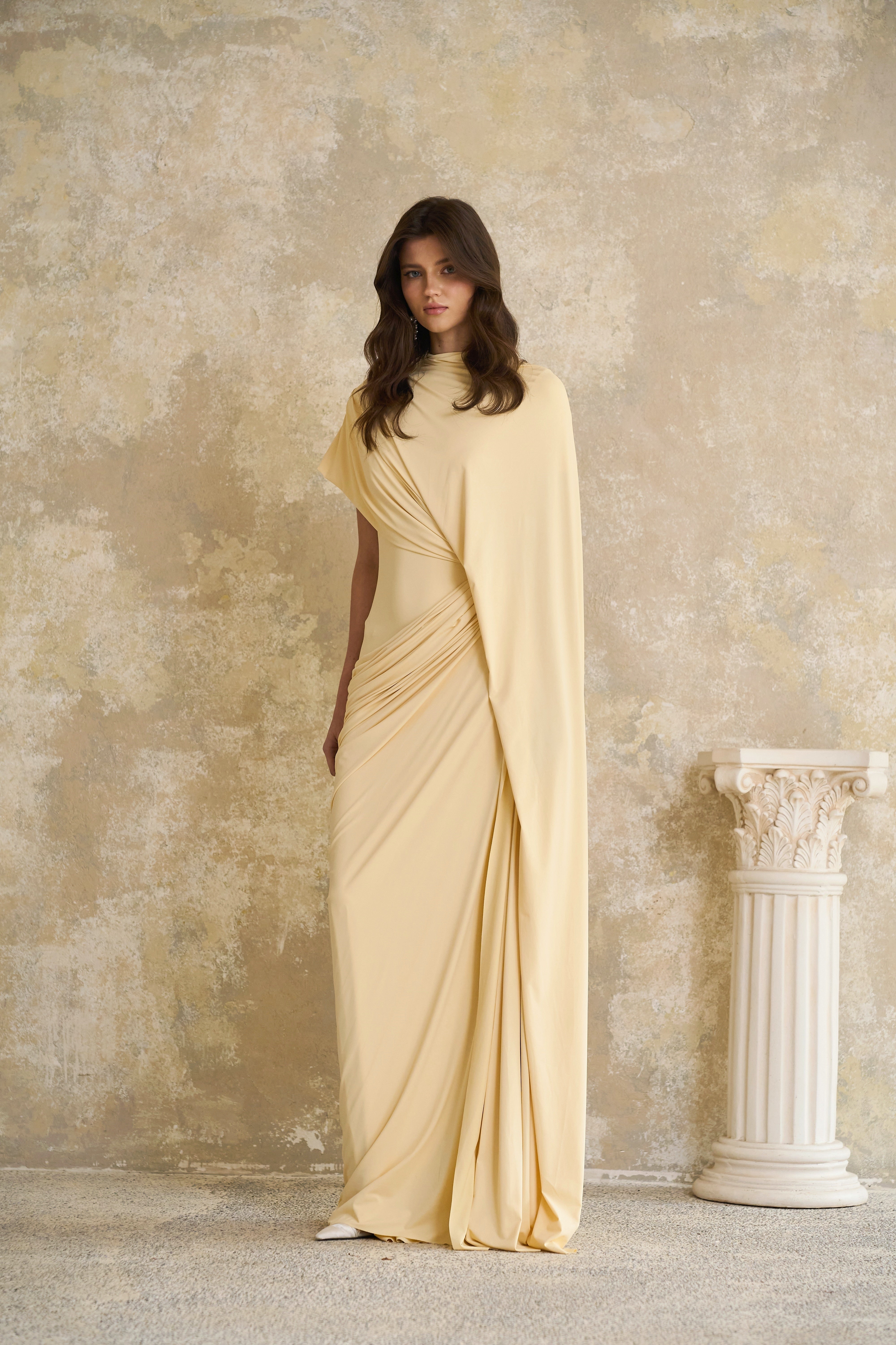 Fenella Yellow Asymmetrical Draped Cape & Dress Matching Set