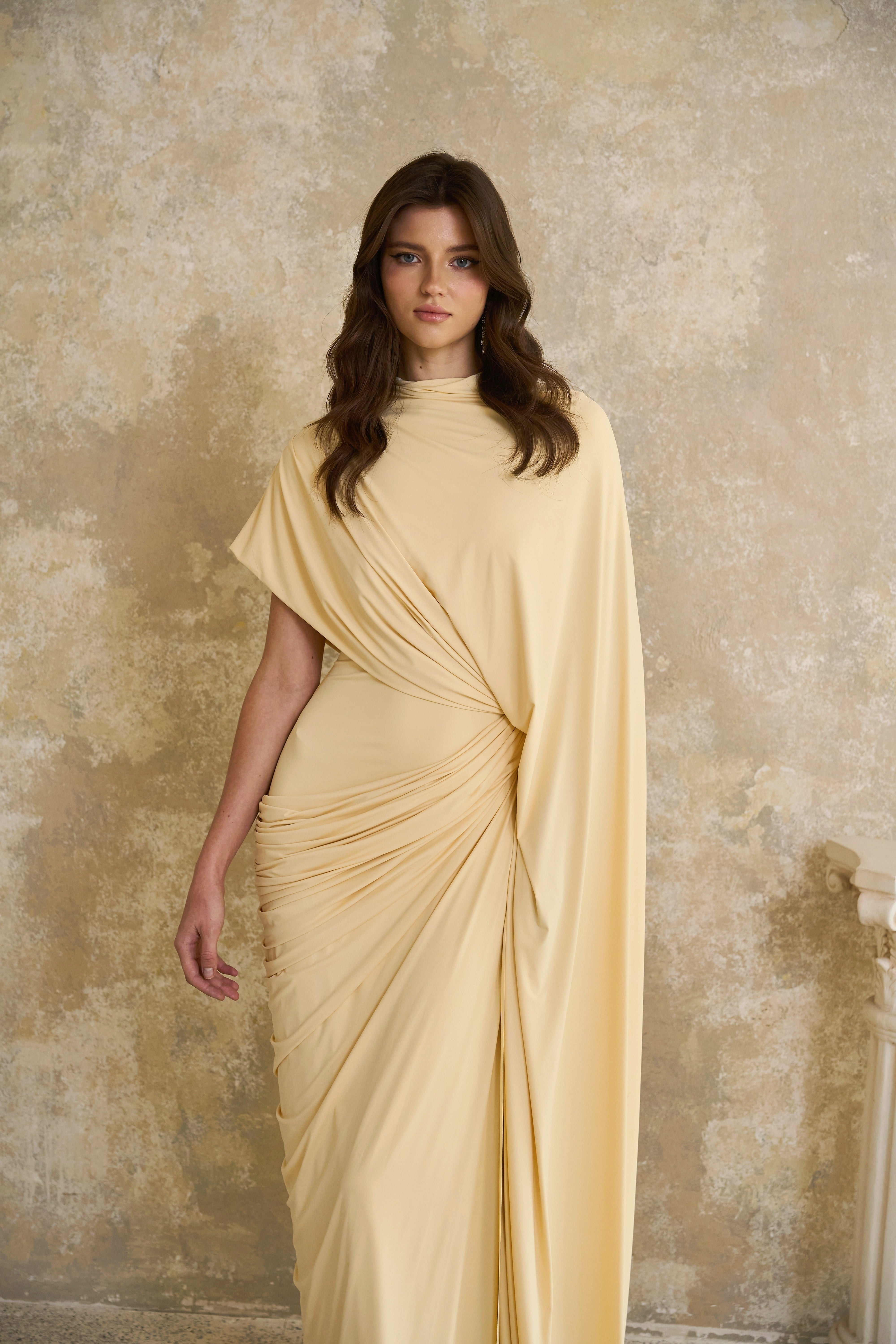 Fenella Yellow Asymmetrical Draped Cape & Dress Matching Set