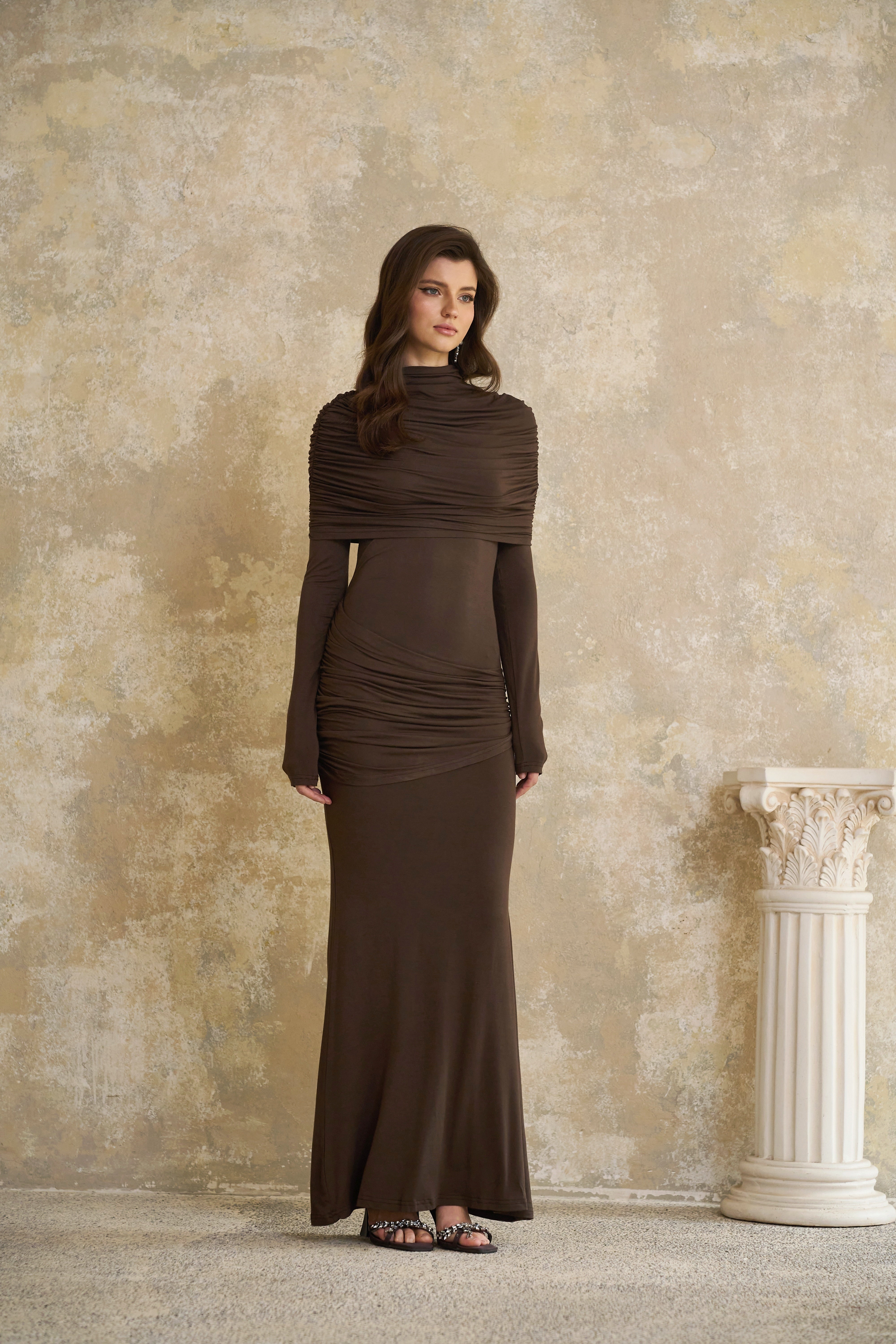 Éléna Brown Cape Design Ruched Maxi Dress