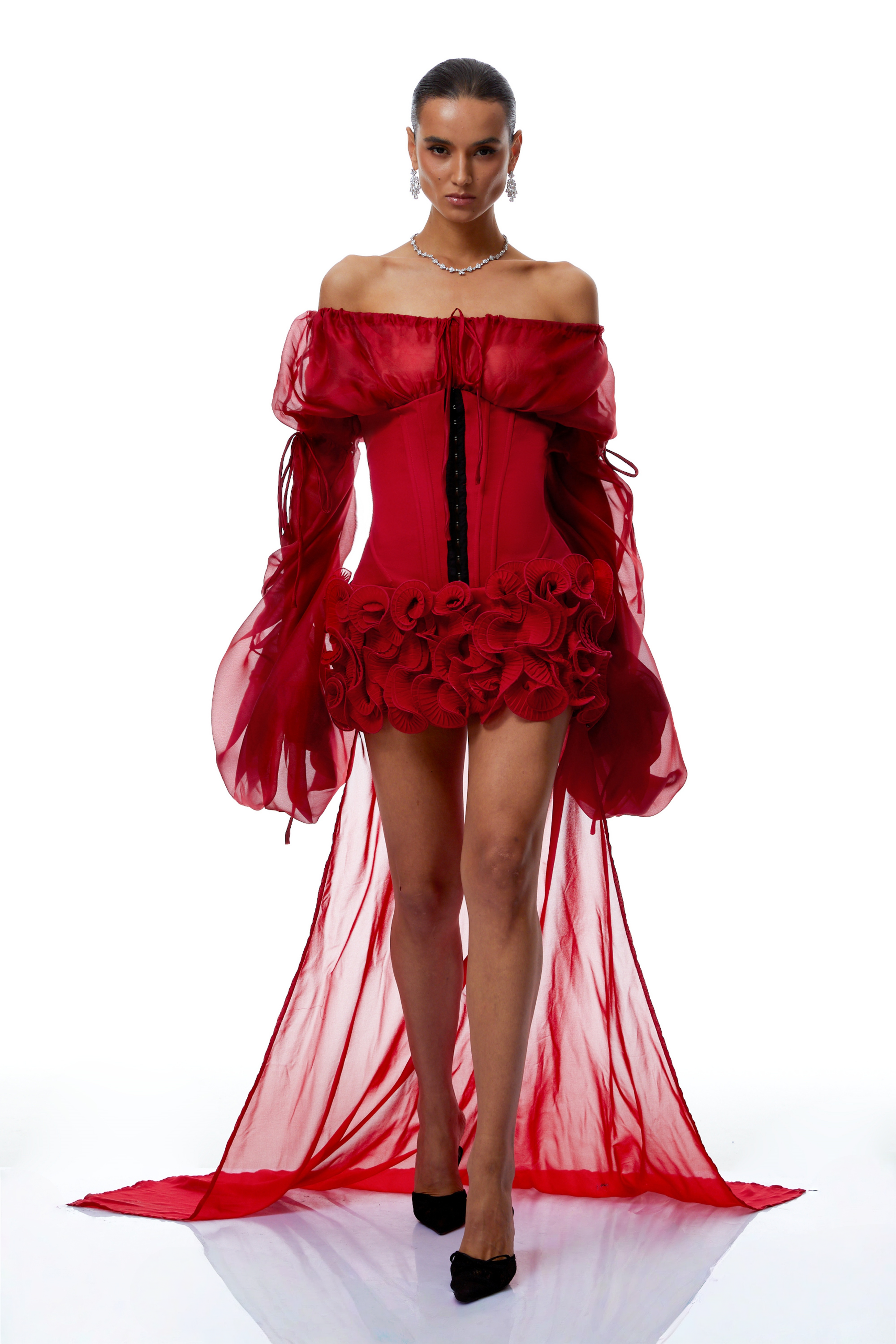 Léonie Red Train Ruffled Corset Mini Dress