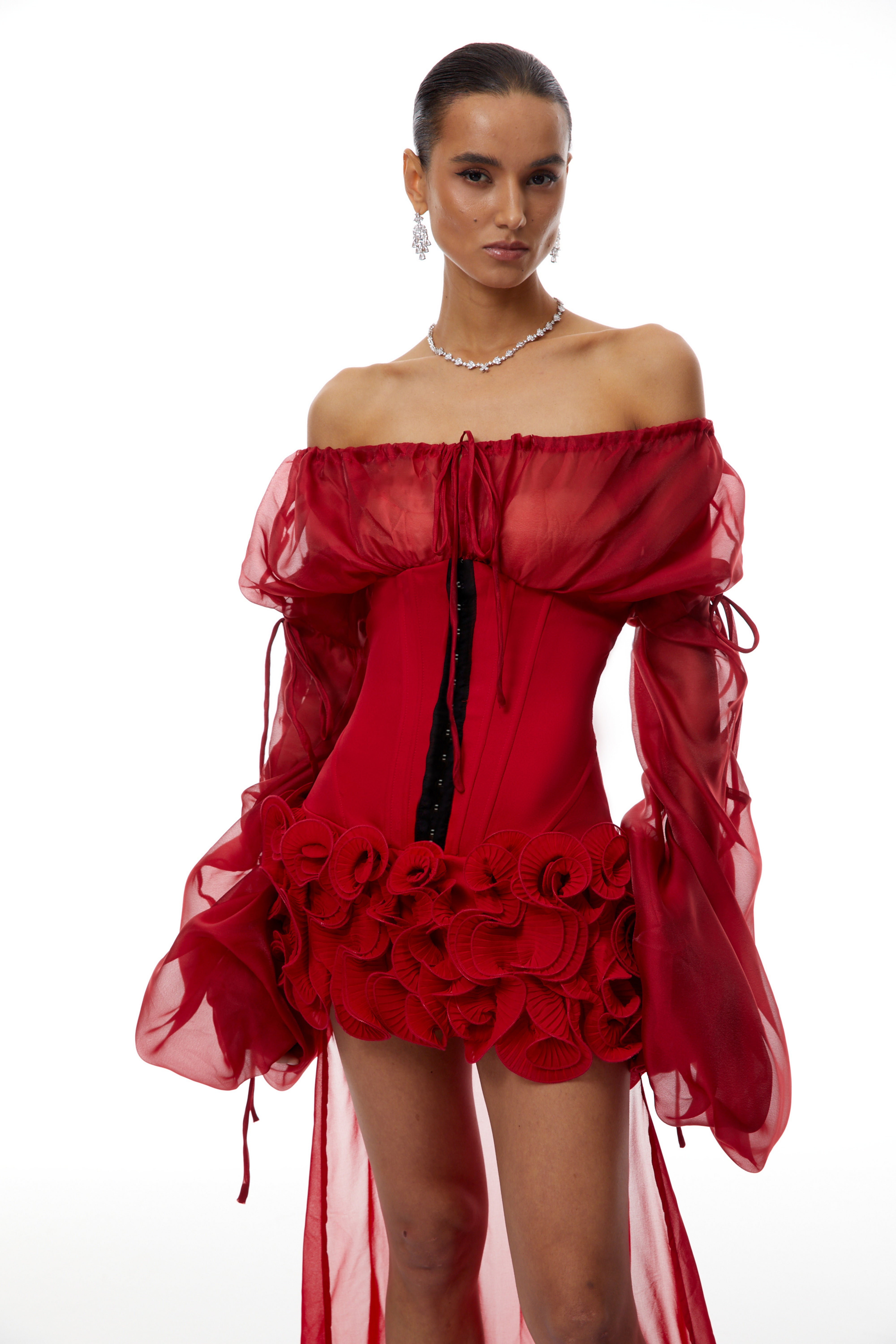 Léonie Red Train Ruffled Corset Mini Dress