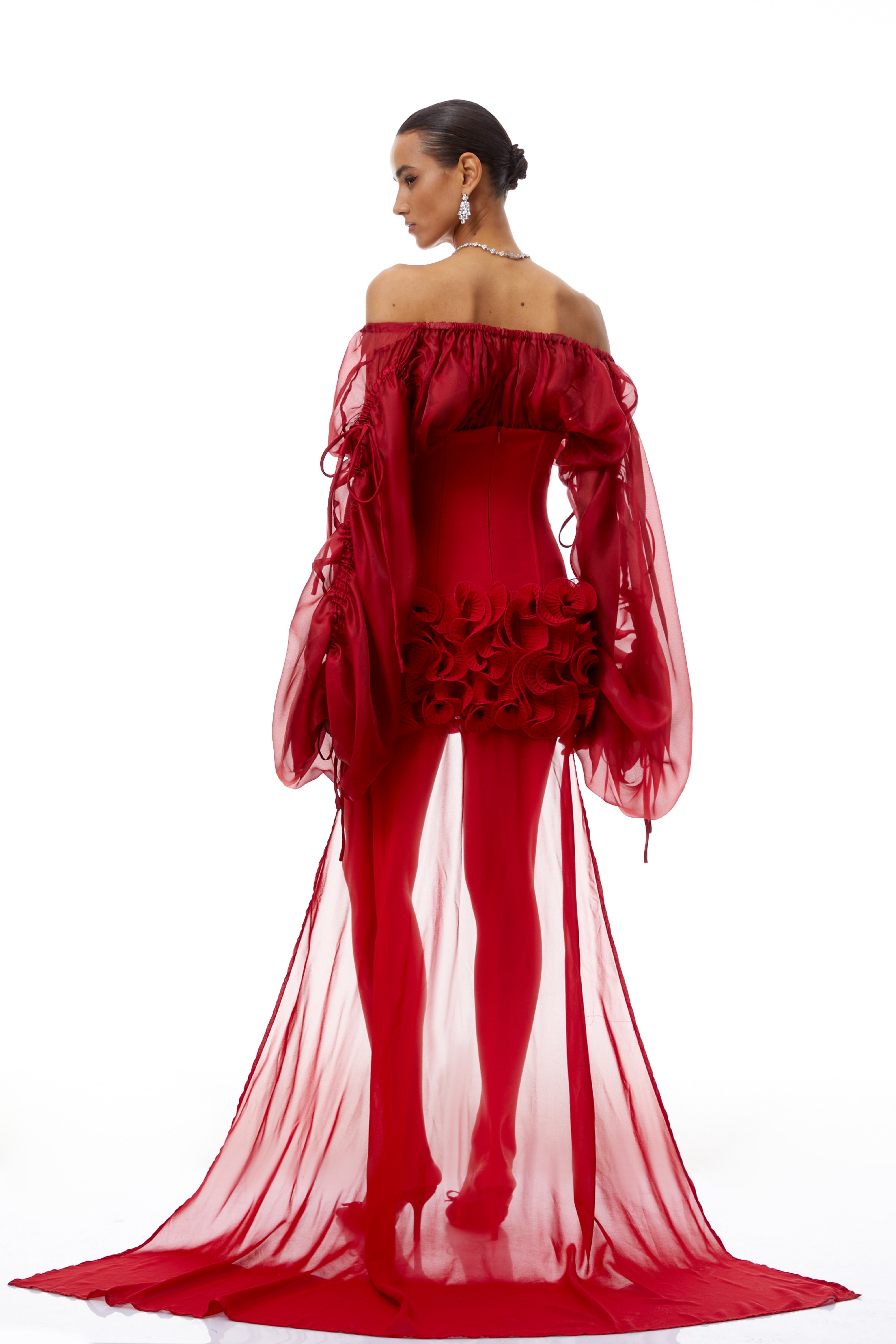 Léonie Red Train Ruffled Corset Mini Dress