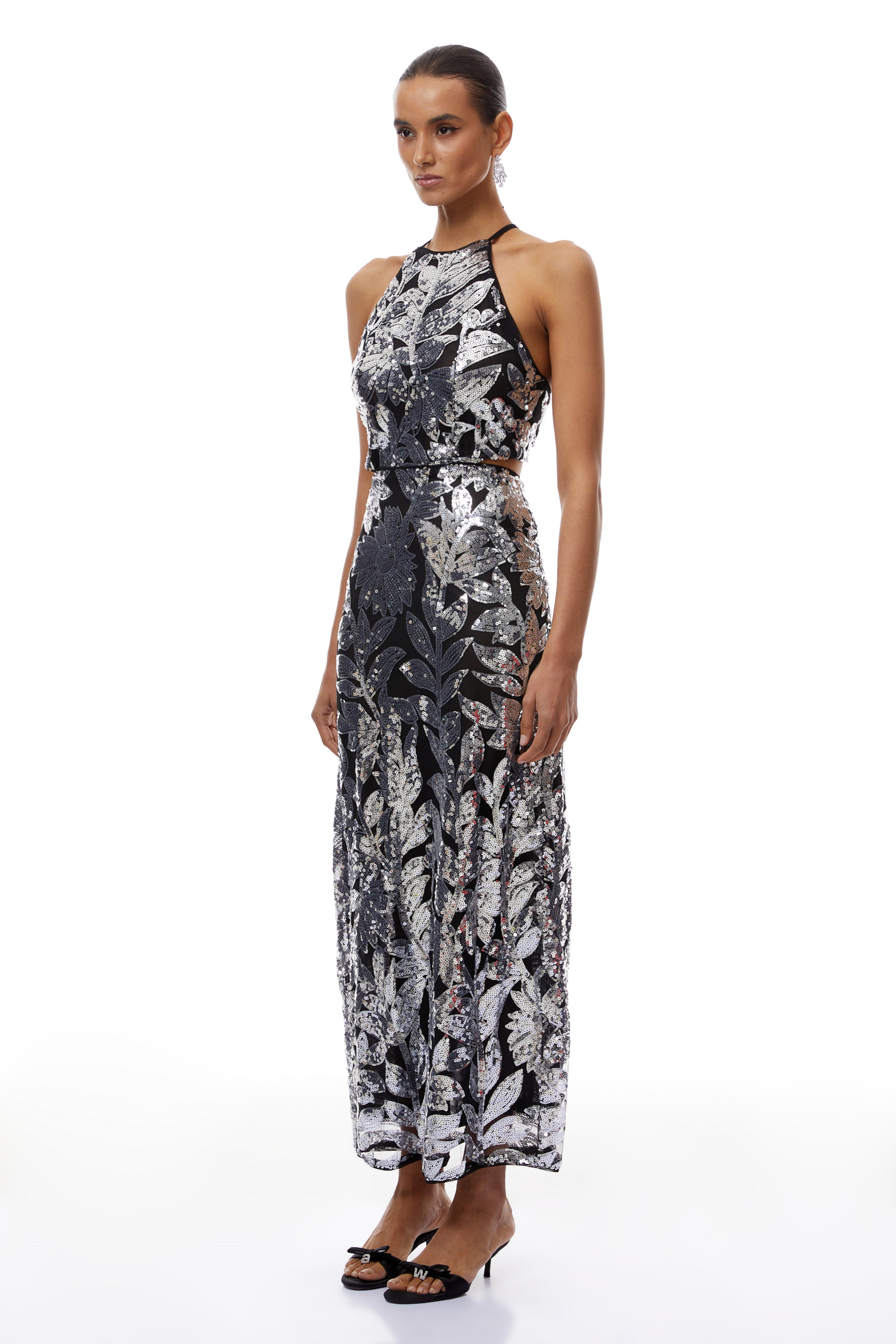 Alma Silver Floral Sequin Mesh Maxi Dress (Final Sale)